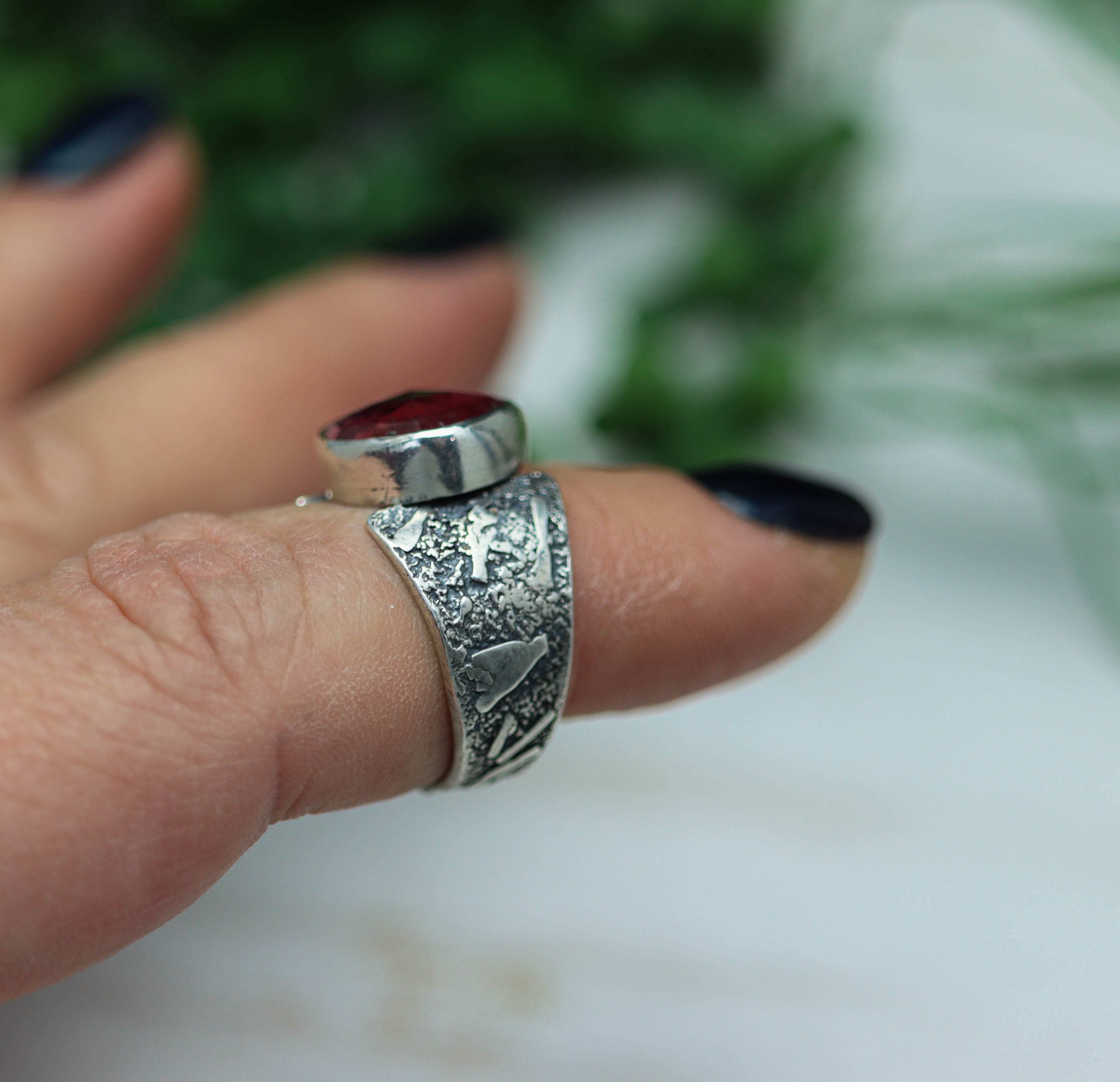 Pink Tourmaline Sterling Silver Wide Band Ring