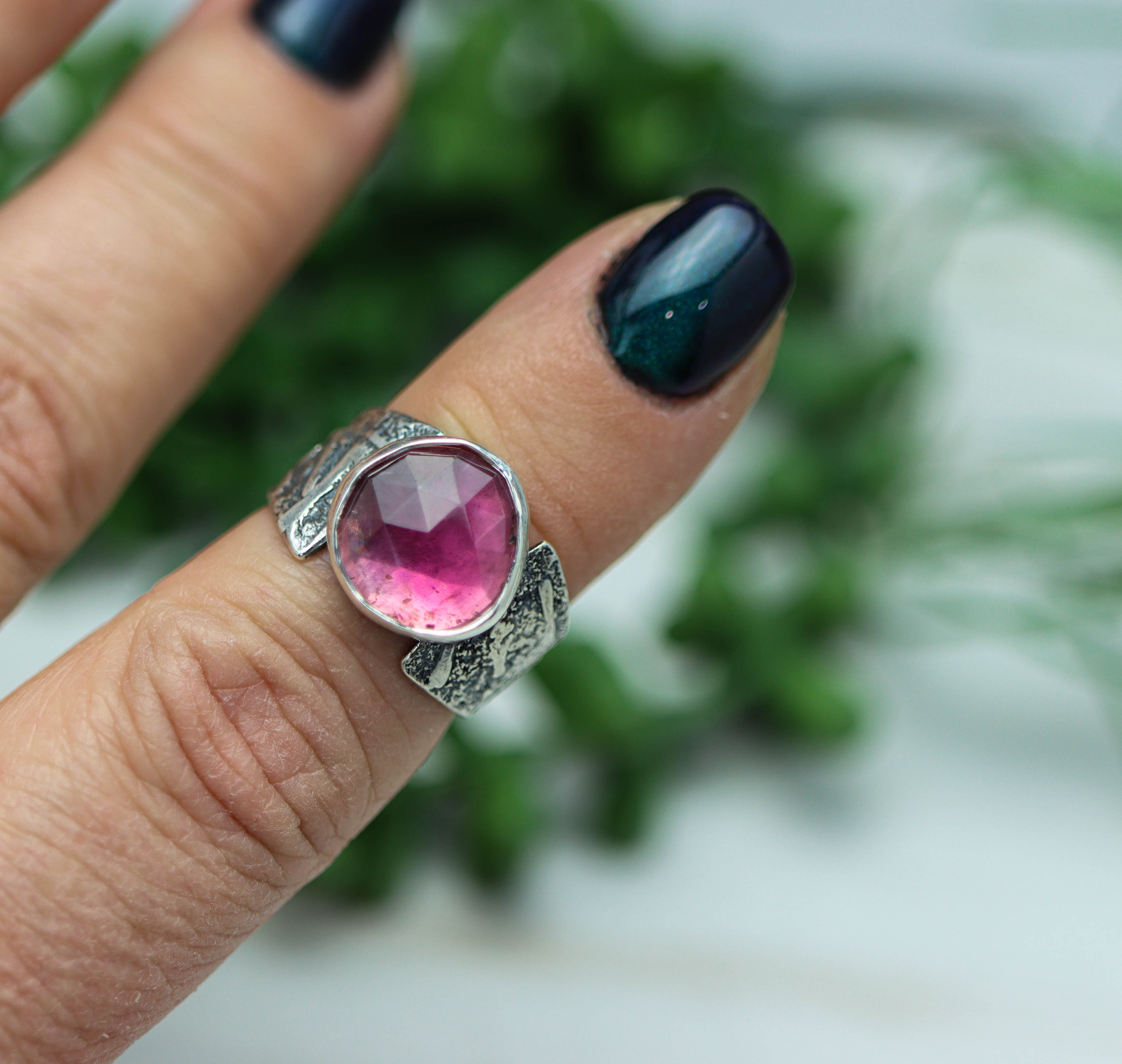 Pink Tourmaline Sterling Silver Wide Band Ring