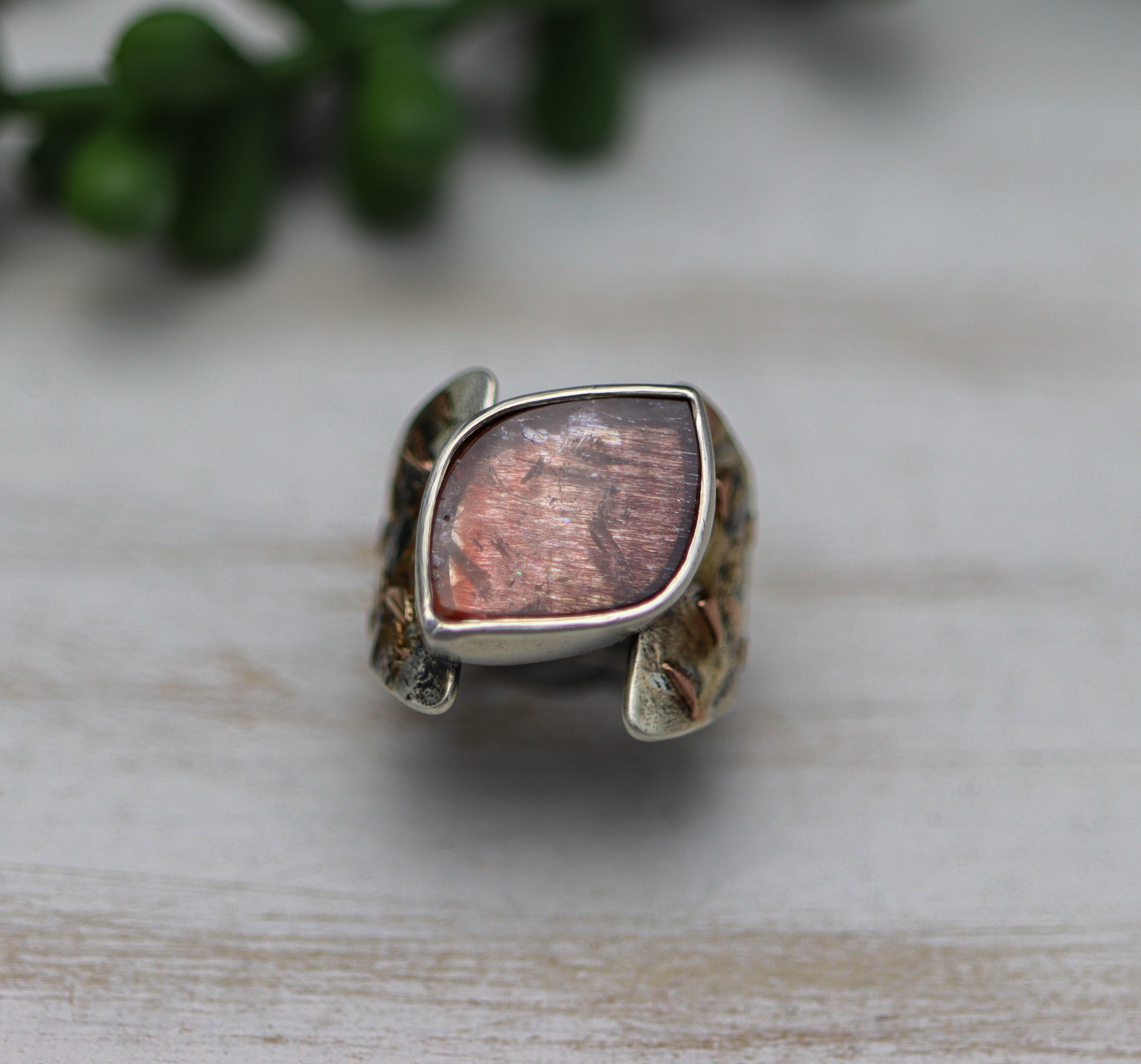 Super Seven Sterling Silver and 14k Rose Gold Wide Band Ring