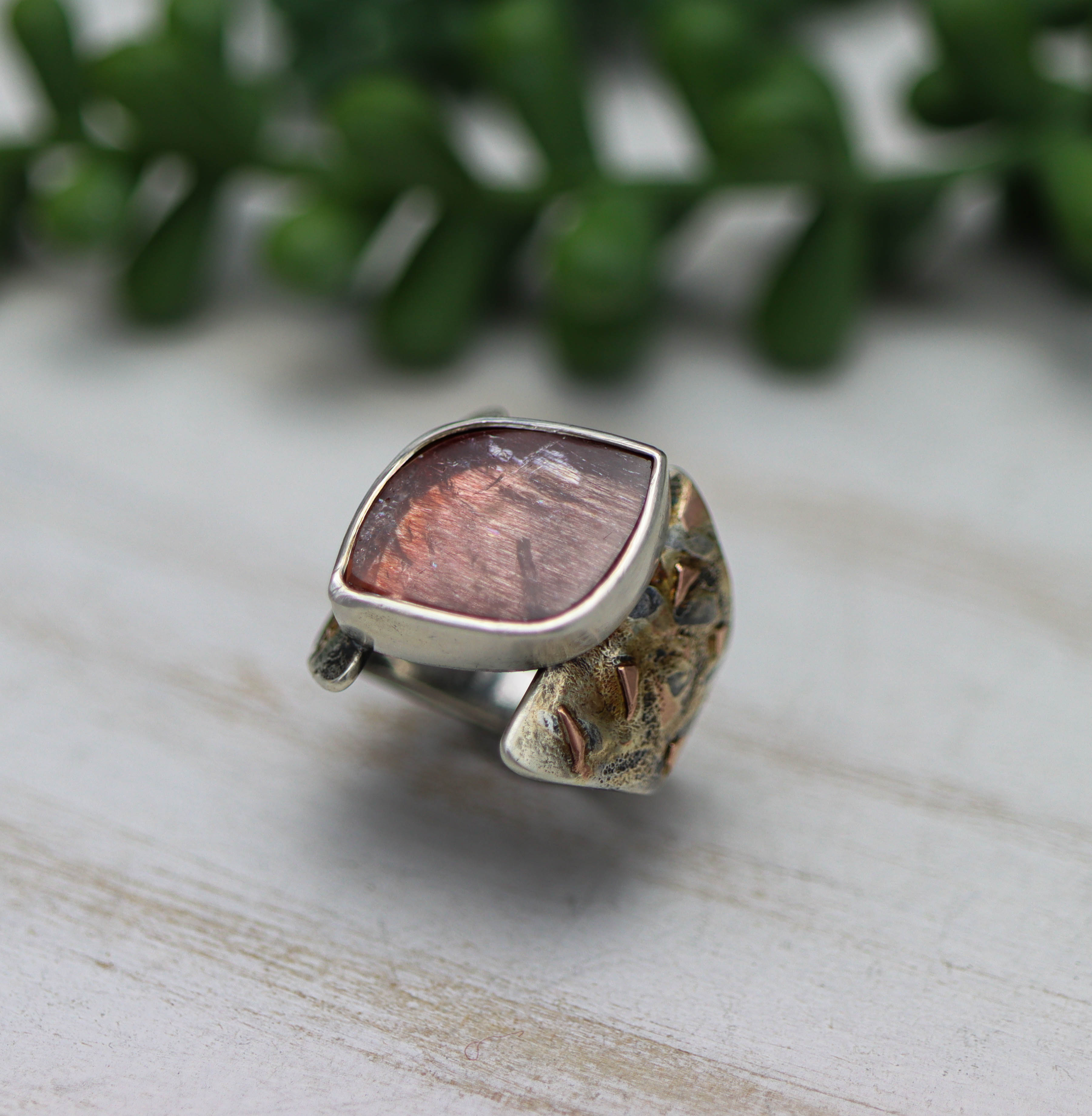 Super Seven Sterling Silver and 14k Rose Gold Wide Band Ring