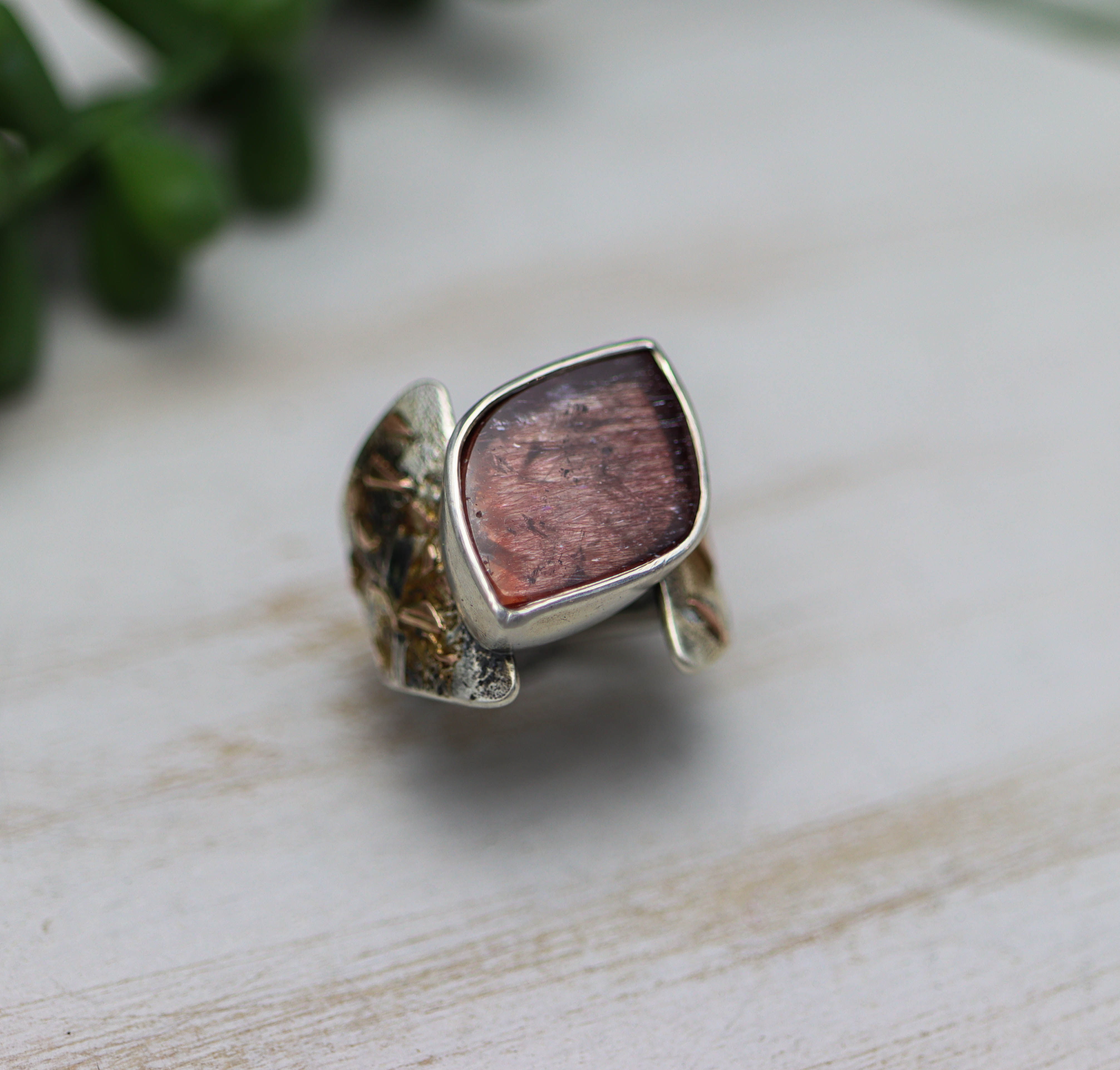 Super Seven Sterling Silver and 14k Rose Gold Wide Band Ring