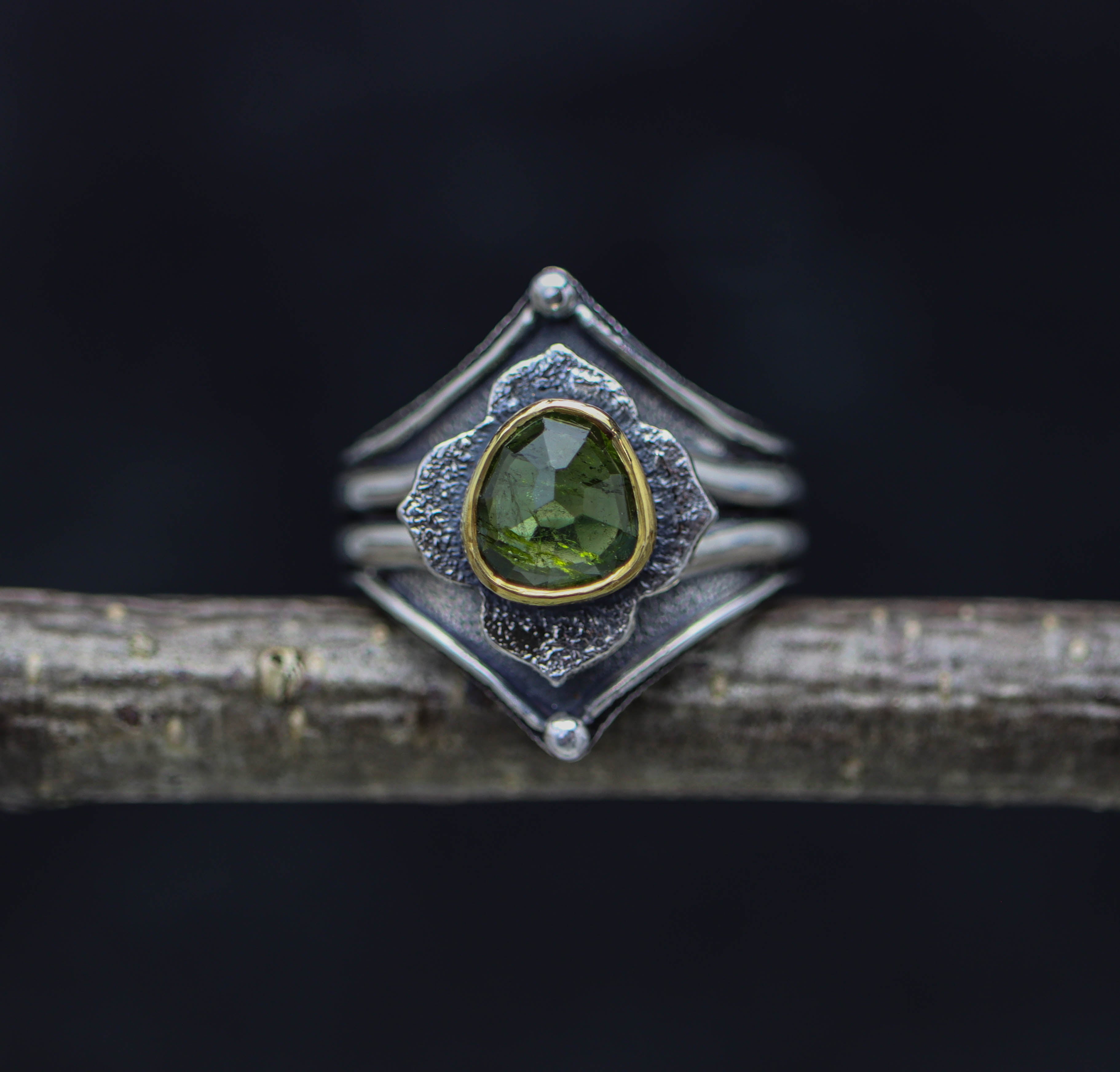 Green Tourmaline Platform Ring Sterling Silver and 22k Gold Size 9.25