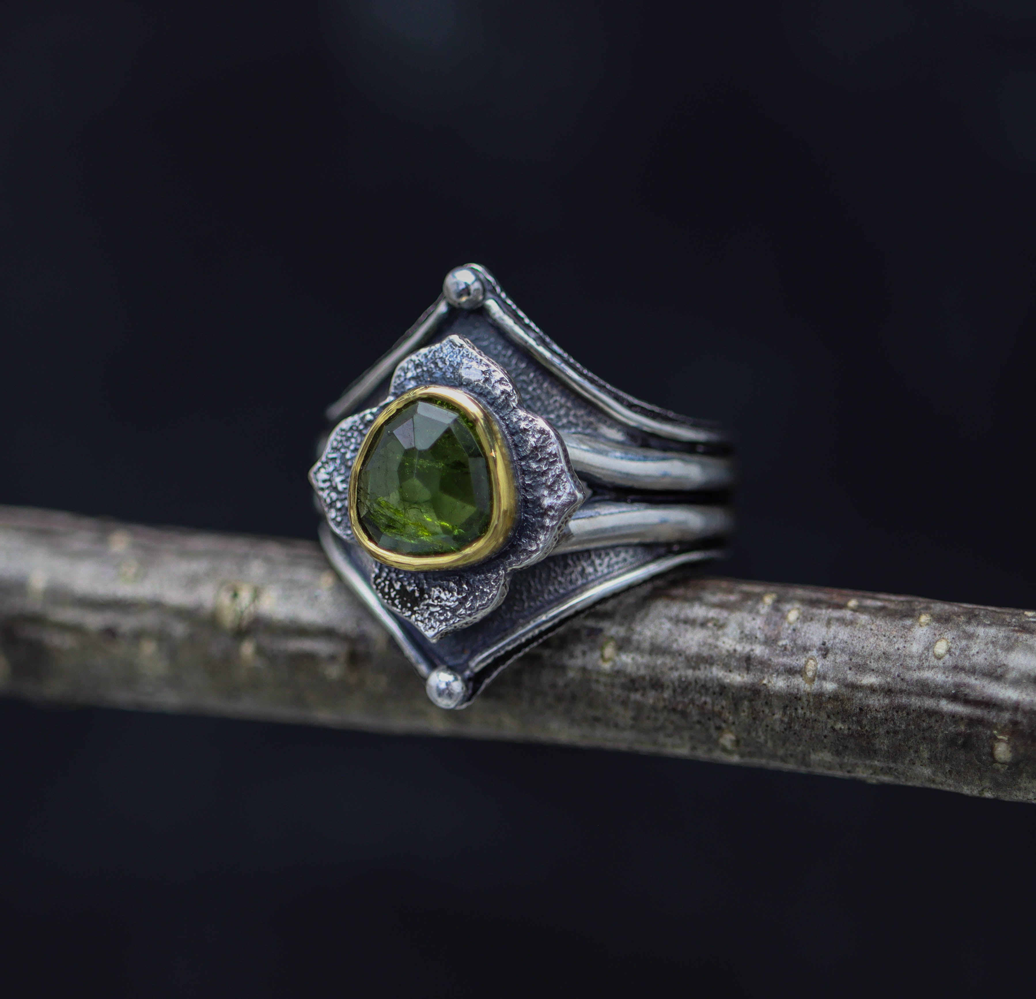 Green Tourmaline Platform Ring Sterling Silver and 22k Gold Size 9.25
