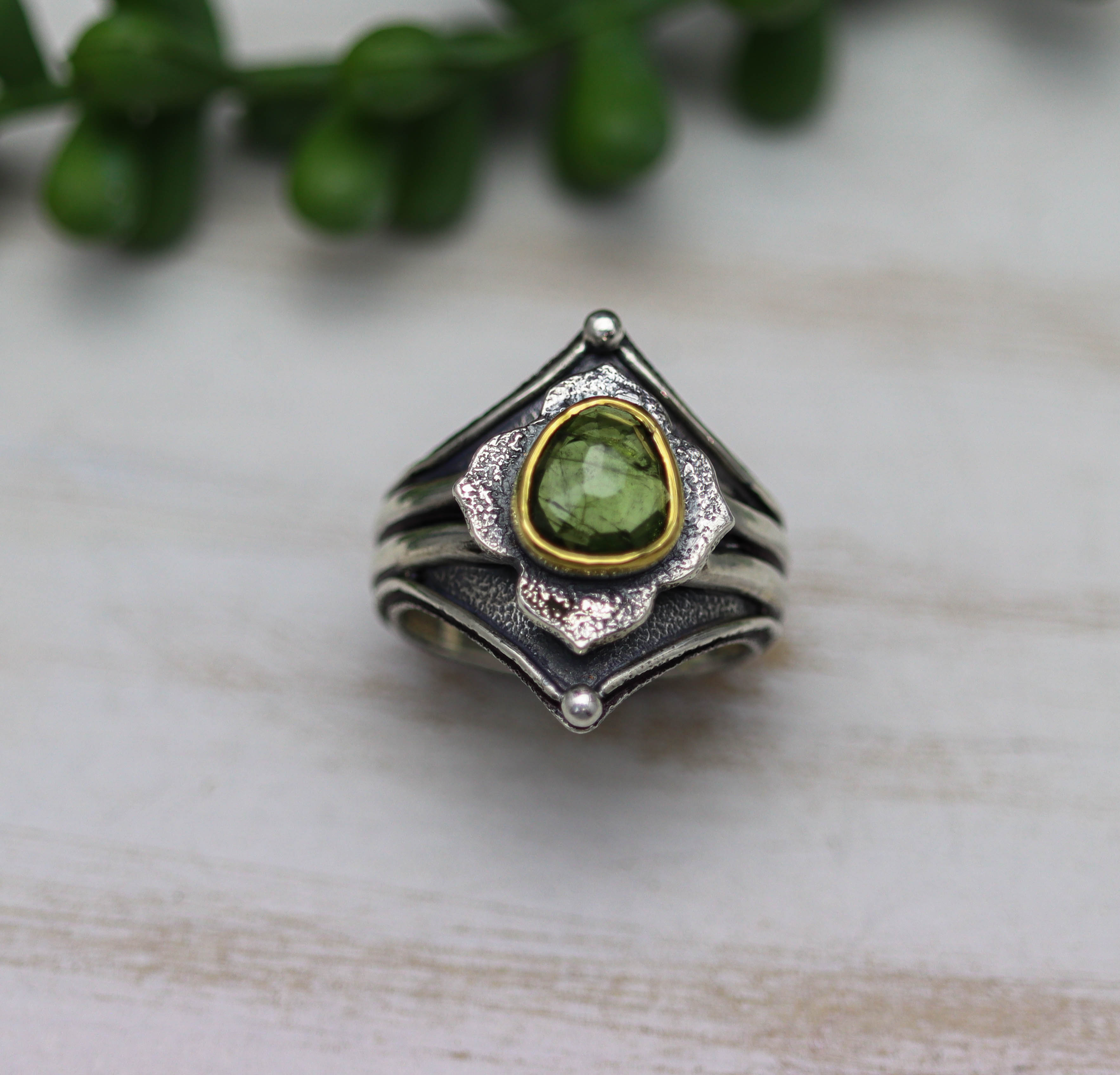 Green Tourmaline Platform Ring Sterling Silver and 22k Gold Size 9.25