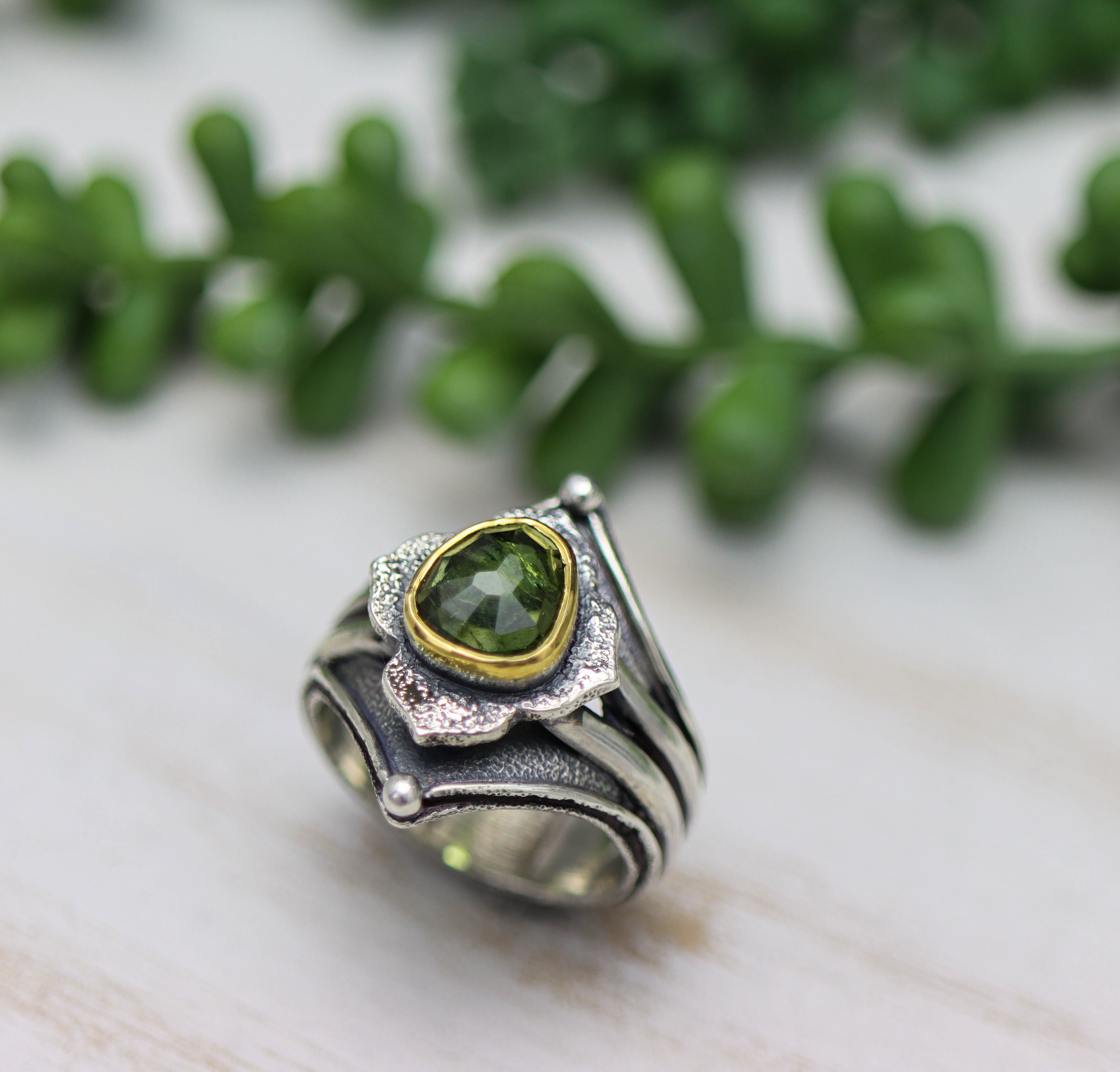 Green Tourmaline Platform Ring Sterling Silver and 22k Gold Size 9.25