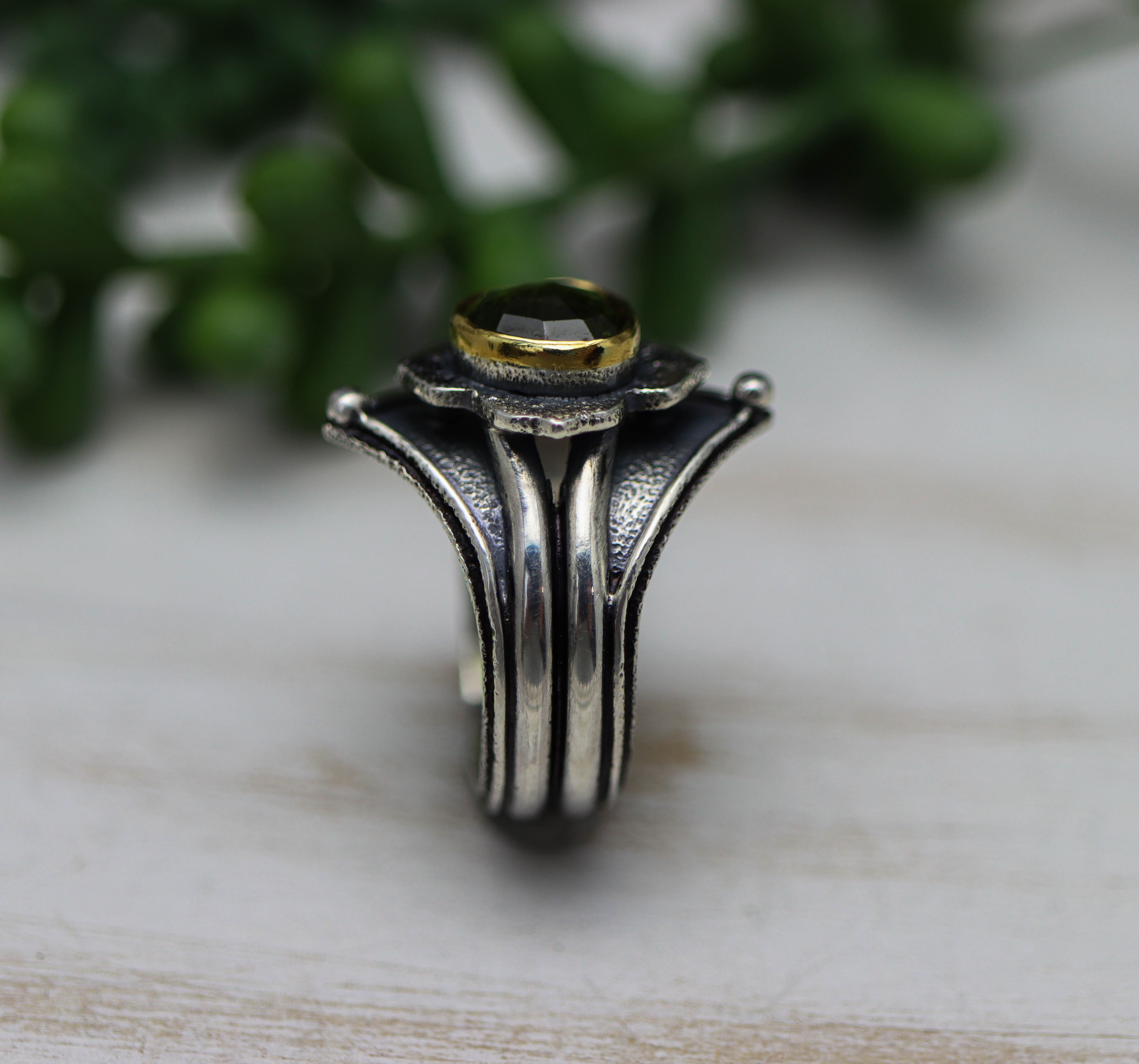 Green Tourmaline Platform Ring Sterling Silver and 22k Gold Size 9.25