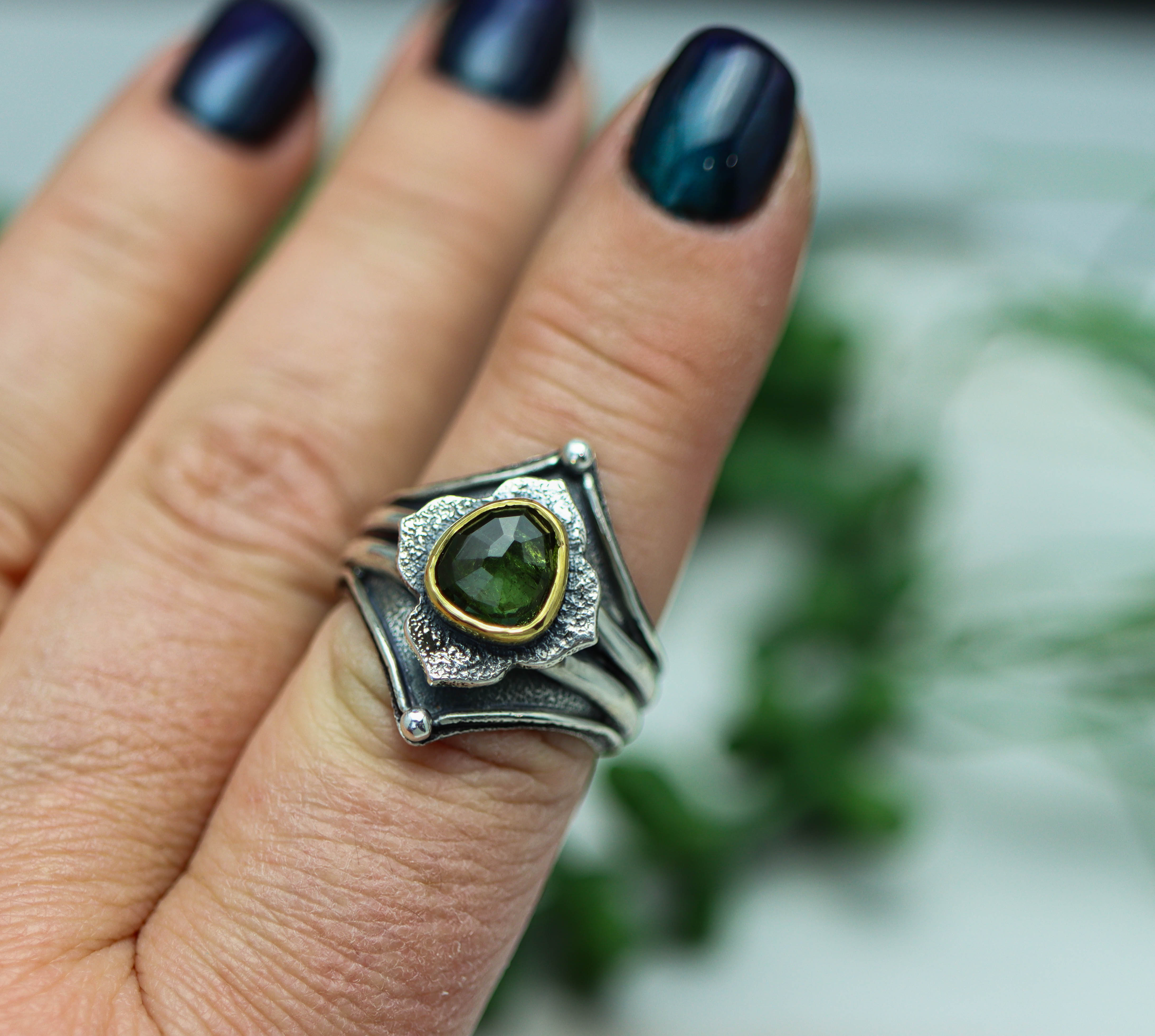 Green Tourmaline Platform Ring Sterling Silver and 22k Gold Size 9.25