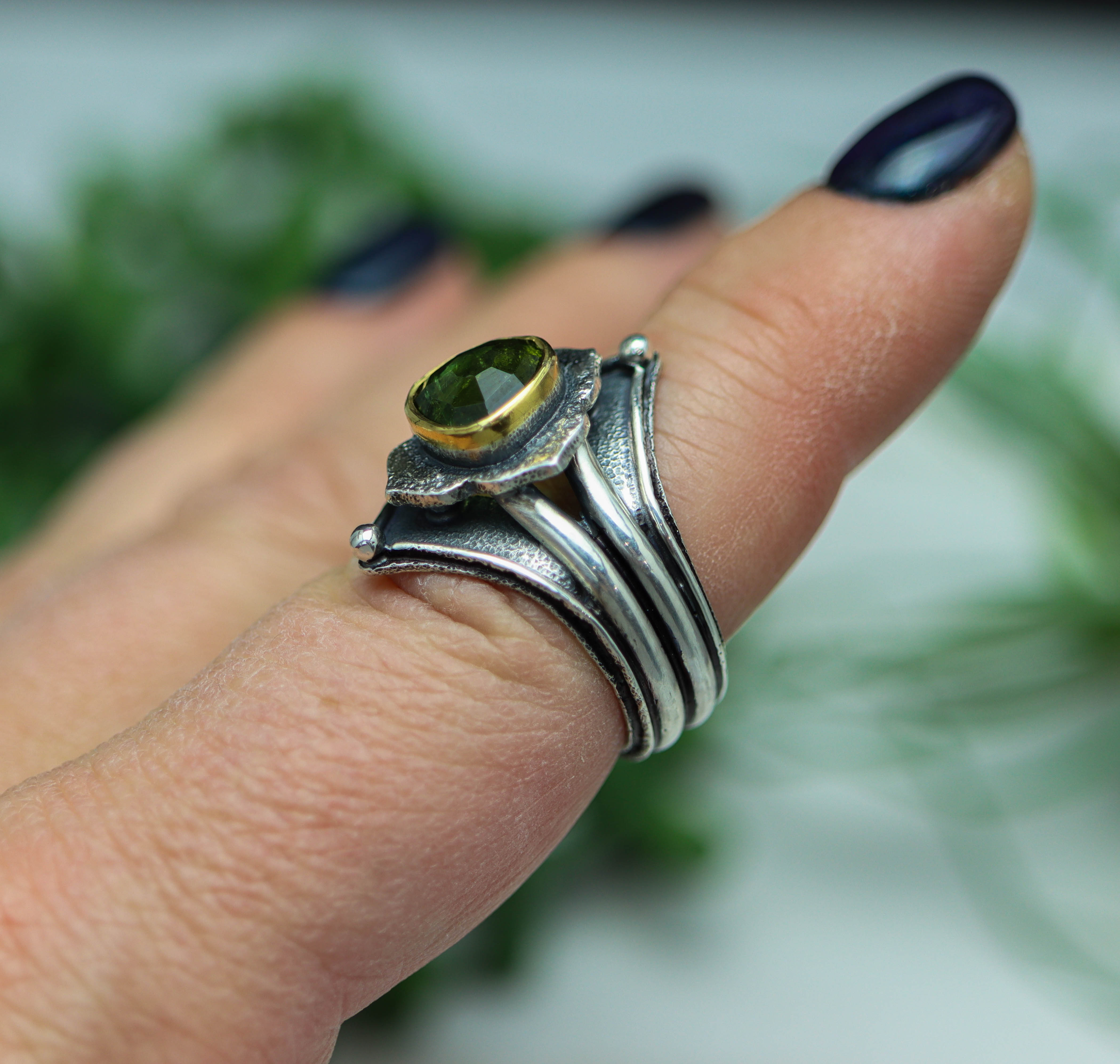 Green Tourmaline Platform Ring Sterling Silver and 22k Gold Size 9.25