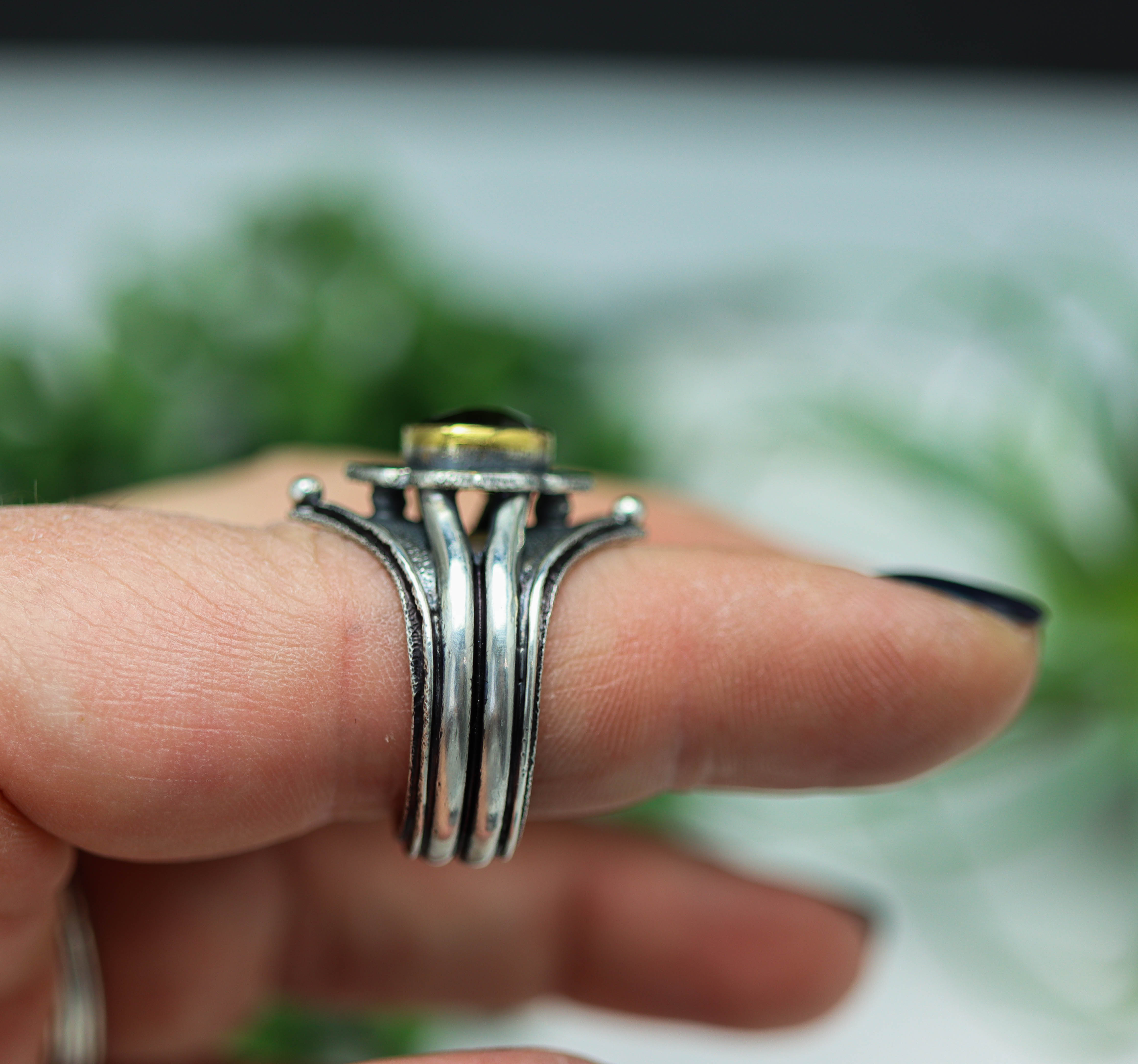 Green Tourmaline Platform Ring Sterling Silver and 22k Gold Size 9.25