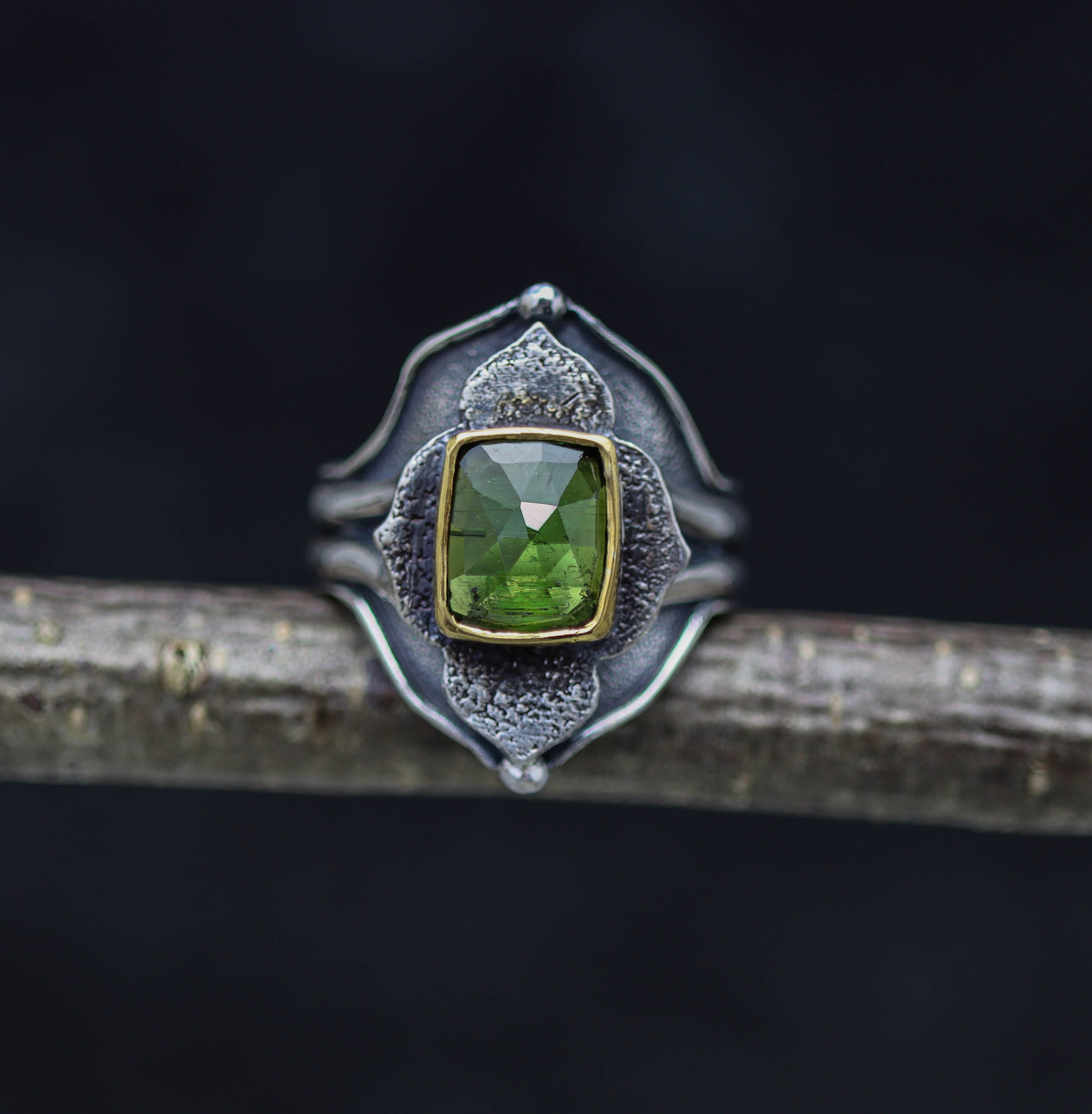 Green Tourmaline Platform Ring Sterling Silver and 22k Gold Size 8