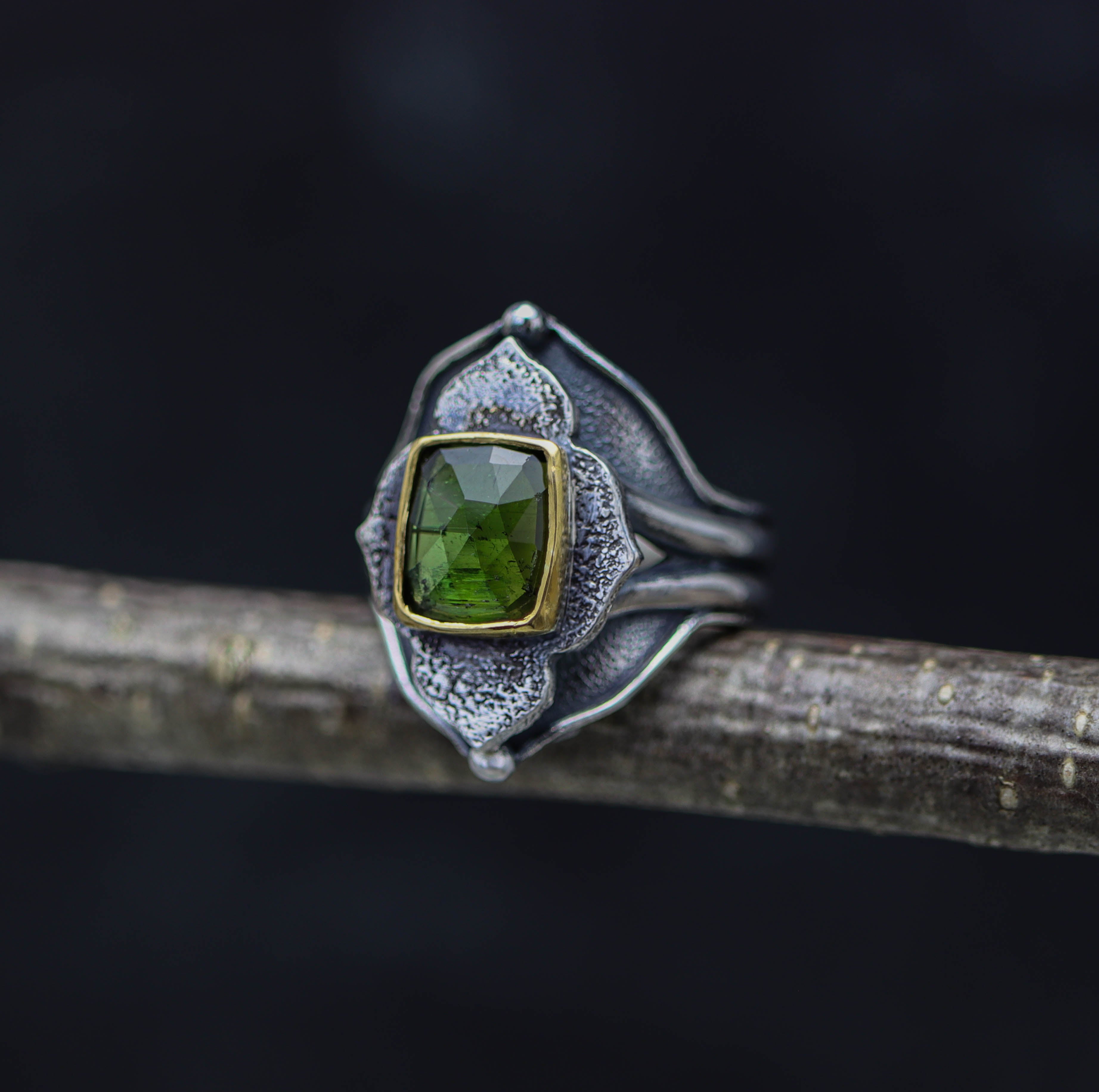 Green Tourmaline Platform Ring Sterling Silver and 22k Gold Size 8