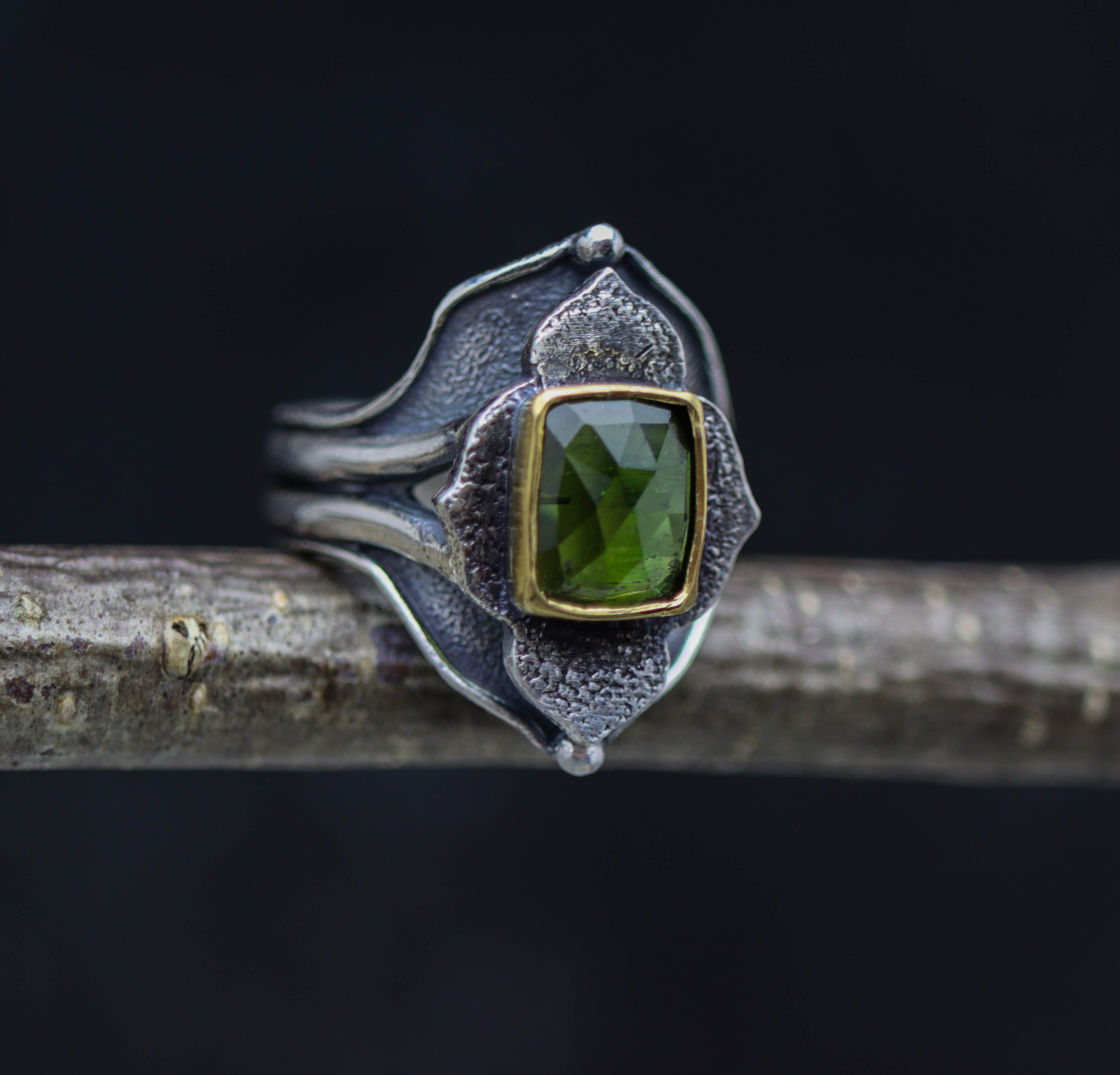 Green Tourmaline Platform Ring Sterling Silver and 22k Gold Size 8