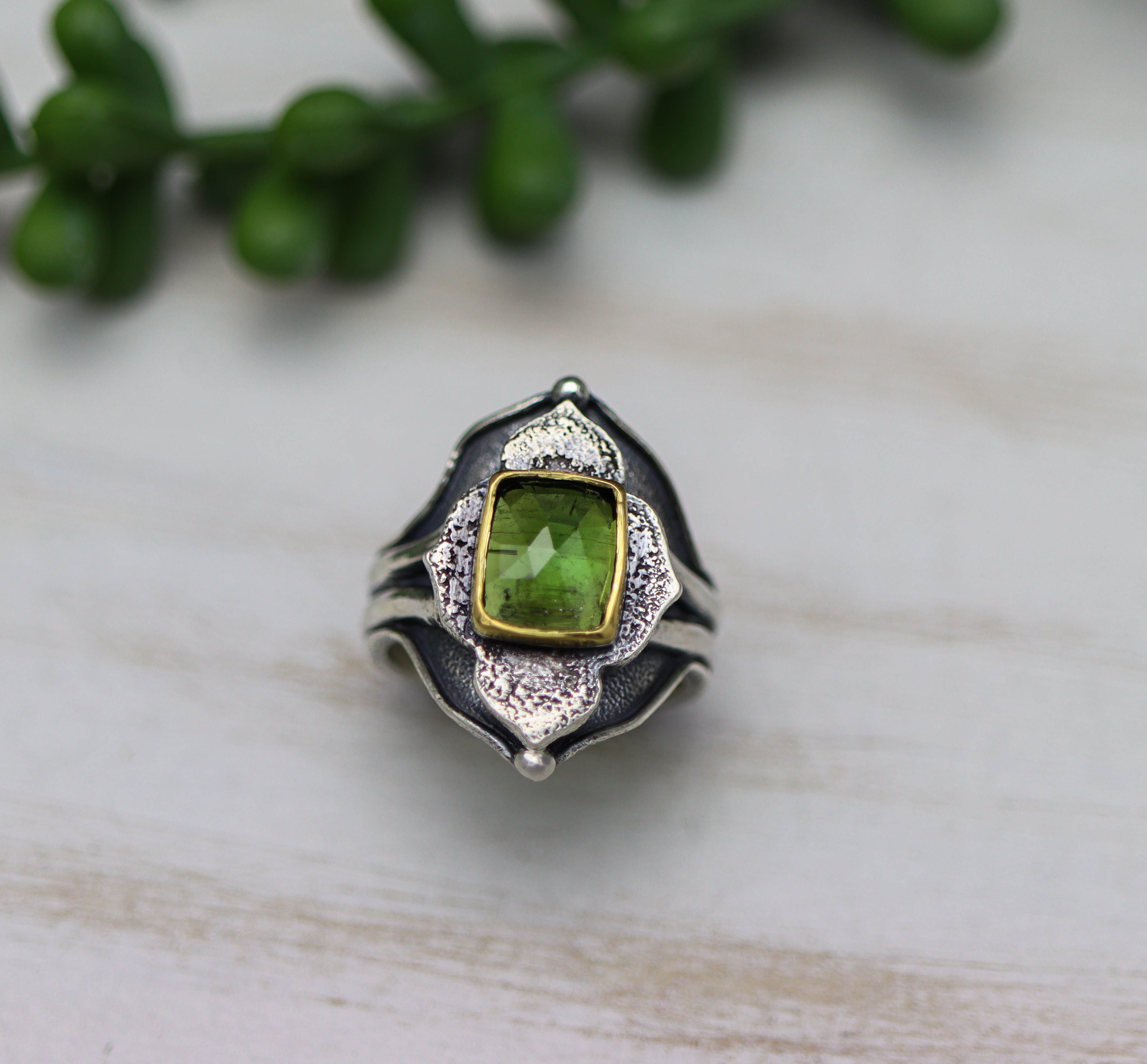 Green Tourmaline Platform Ring Sterling Silver and 22k Gold Size 8