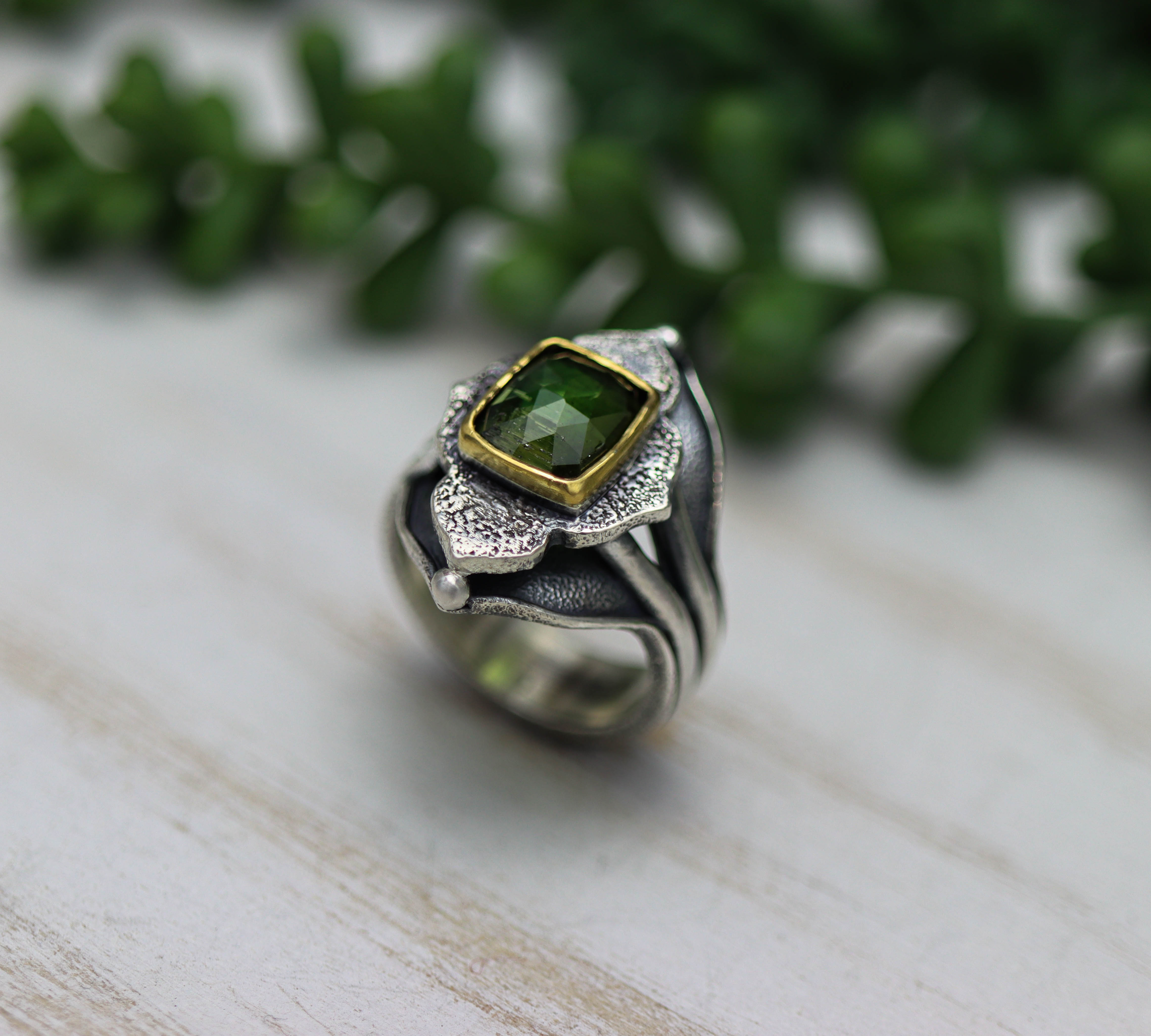 Green Tourmaline Platform Ring Sterling Silver and 22k Gold Size 8