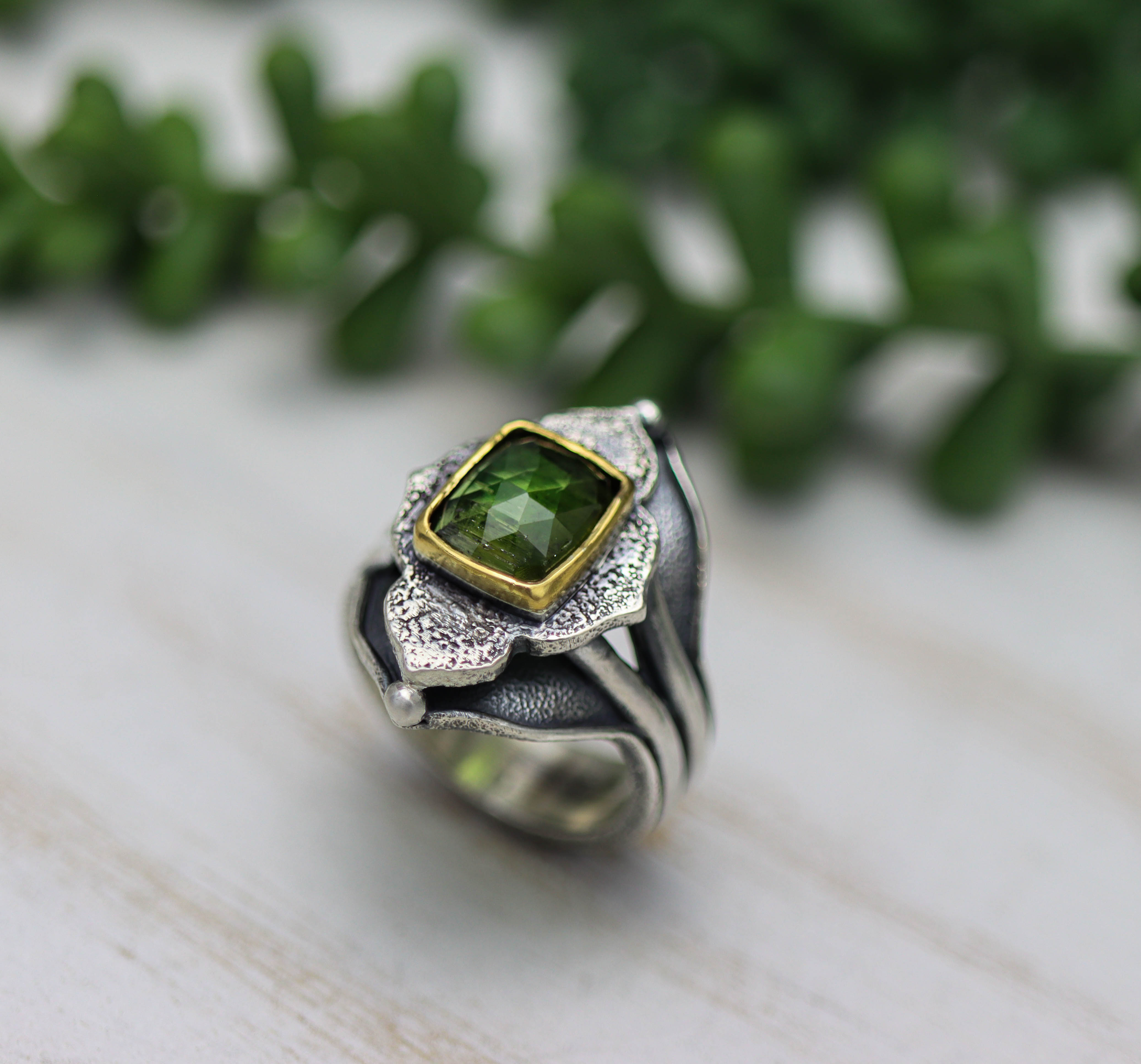 Green Tourmaline Platform Ring Sterling Silver and 22k Gold Size 8