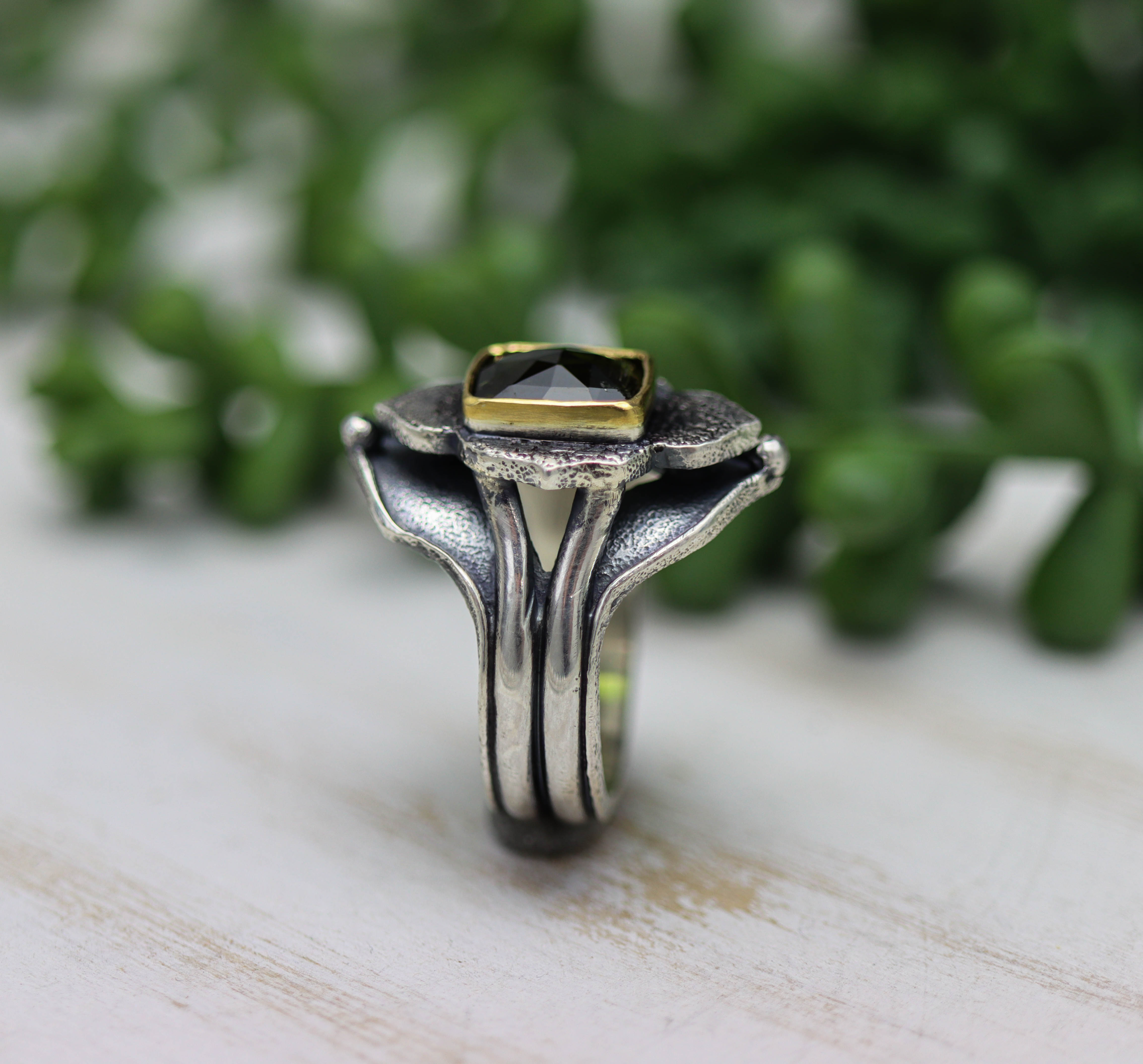 Green Tourmaline Platform Ring Sterling Silver and 22k Gold Size 8