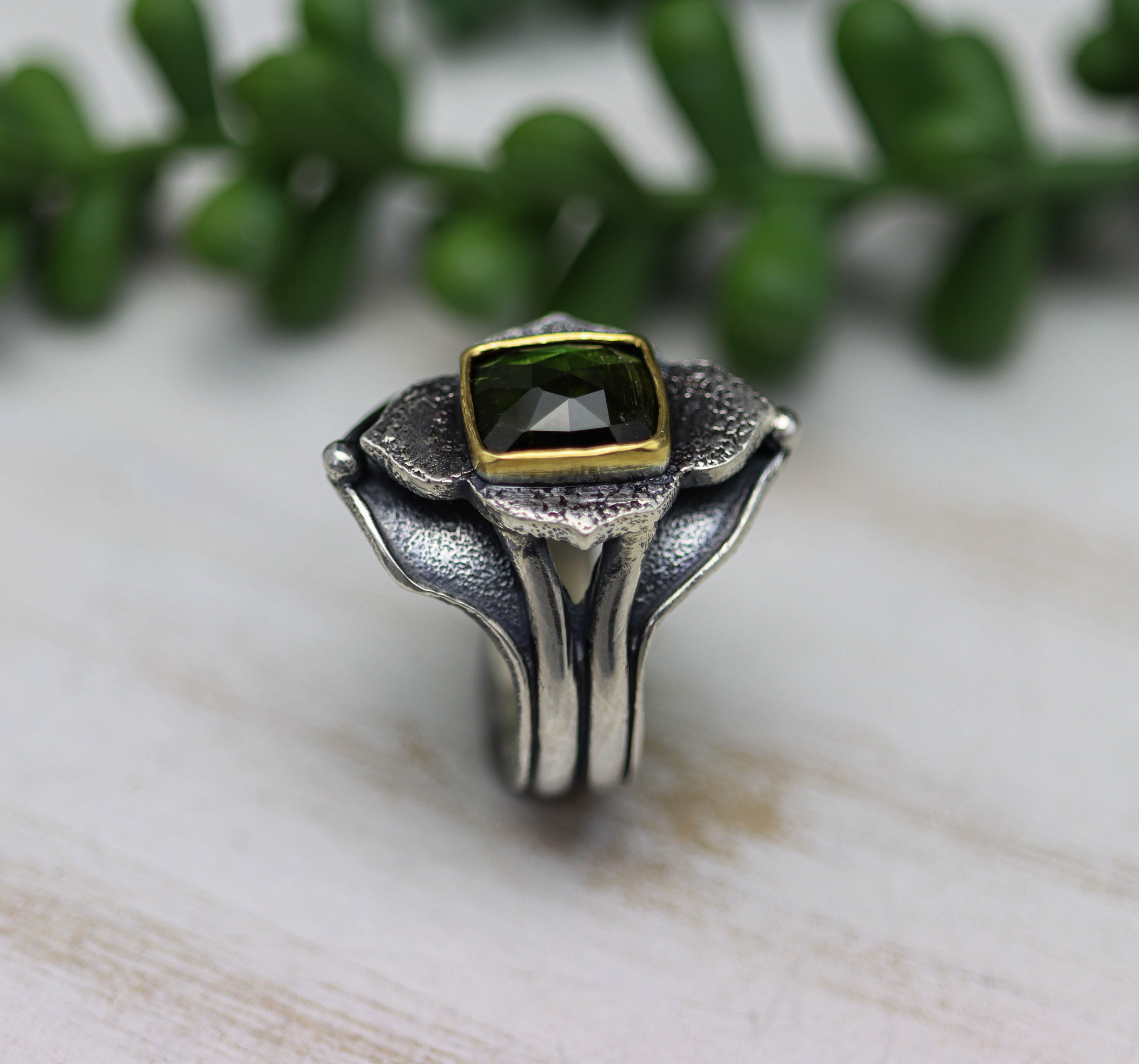 Green Tourmaline Platform Ring Sterling Silver and 22k Gold Size 8
