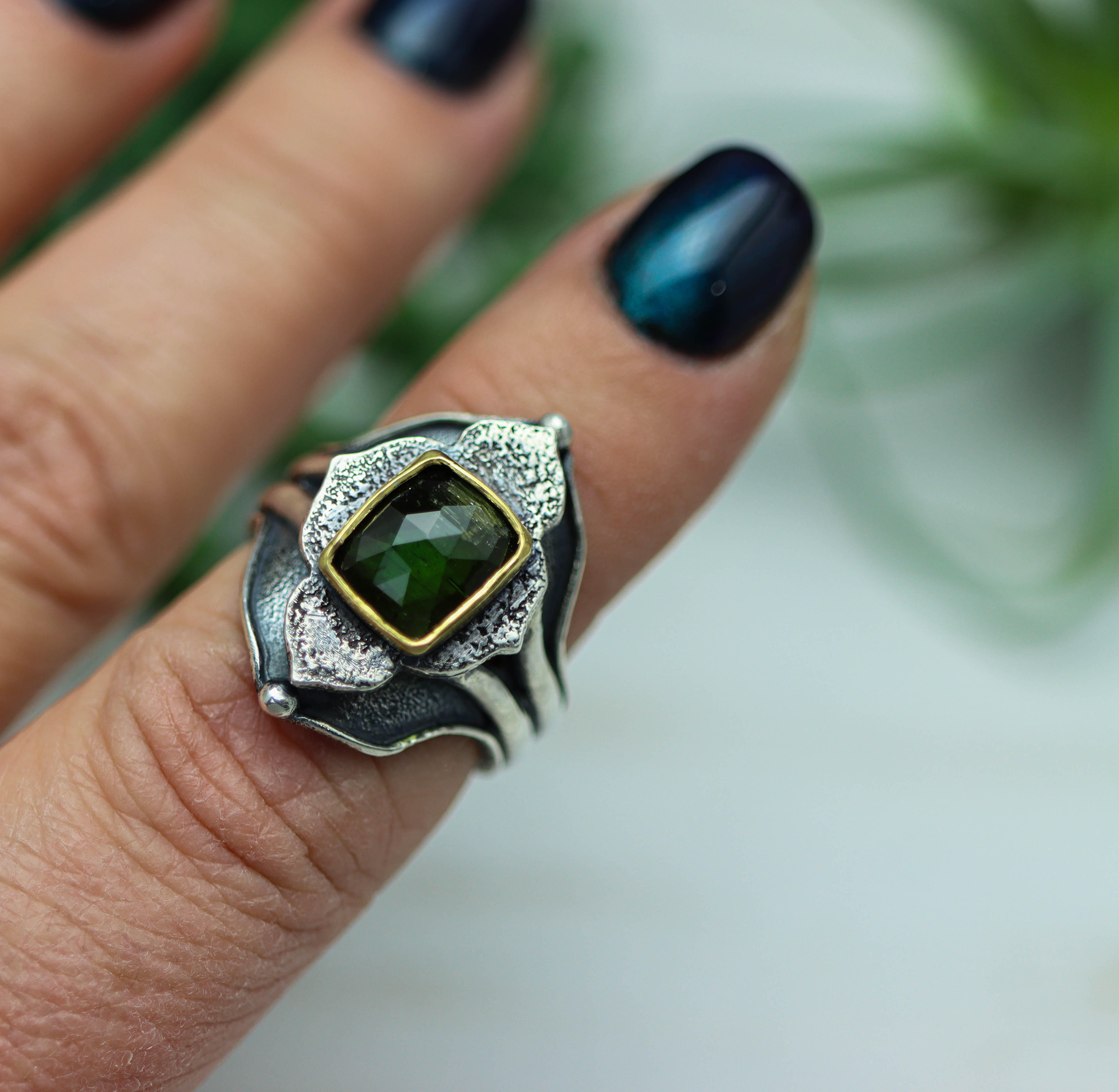 Green Tourmaline Platform Ring Sterling Silver and 22k Gold Size 8