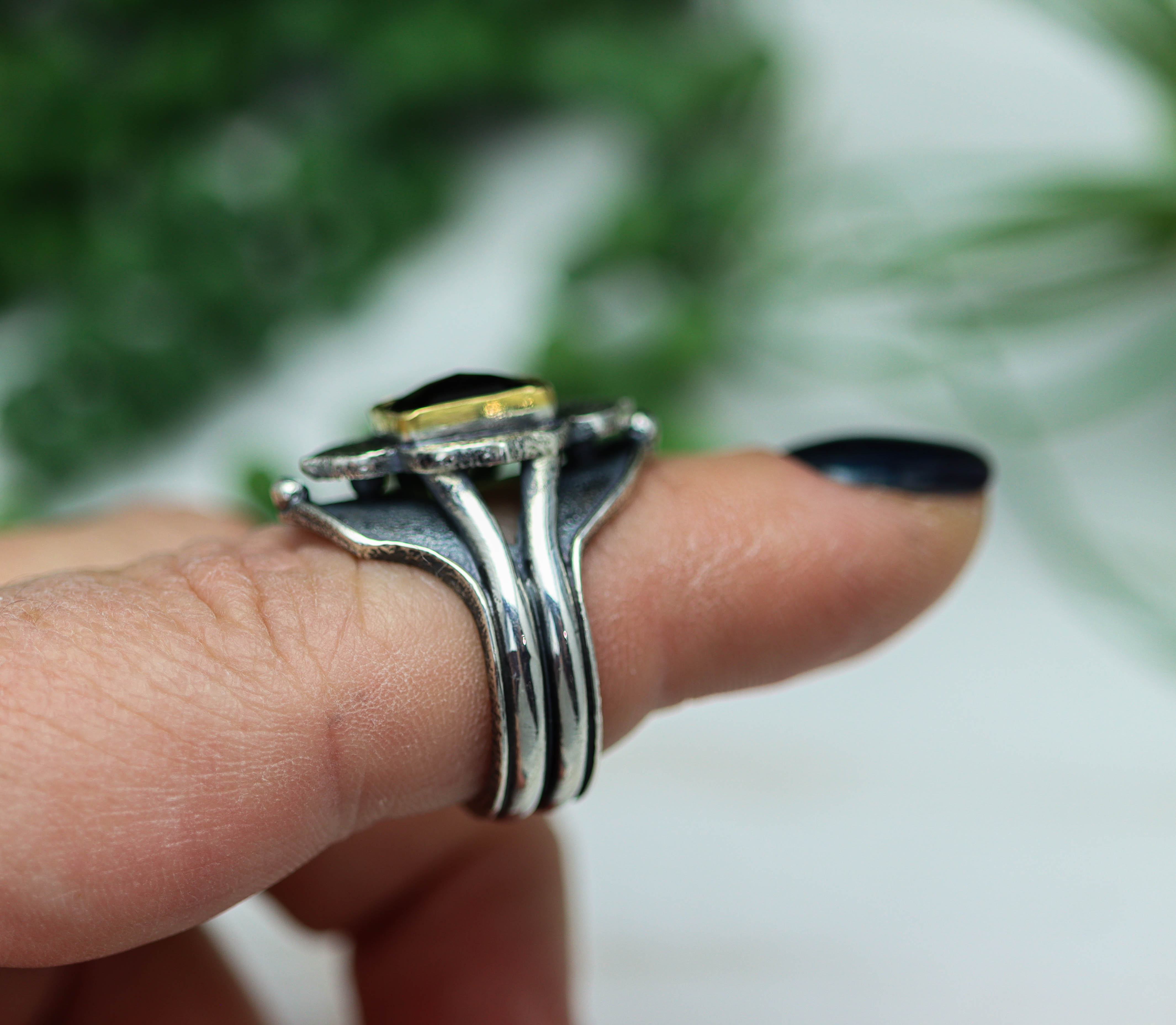 Green Tourmaline Platform Ring Sterling Silver and 22k Gold Size 8