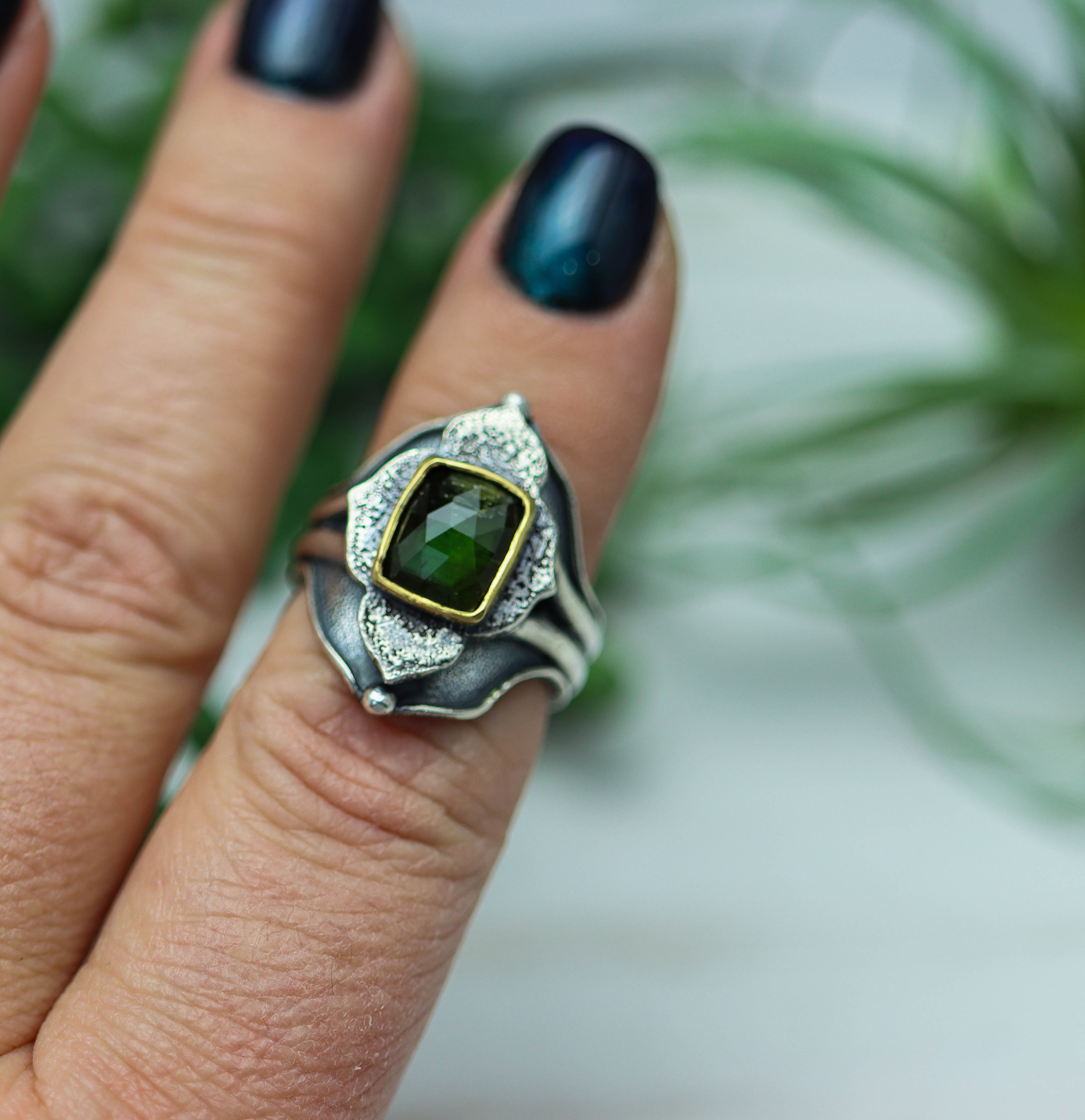 Green Tourmaline Platform Ring Sterling Silver and 22k Gold Size 8