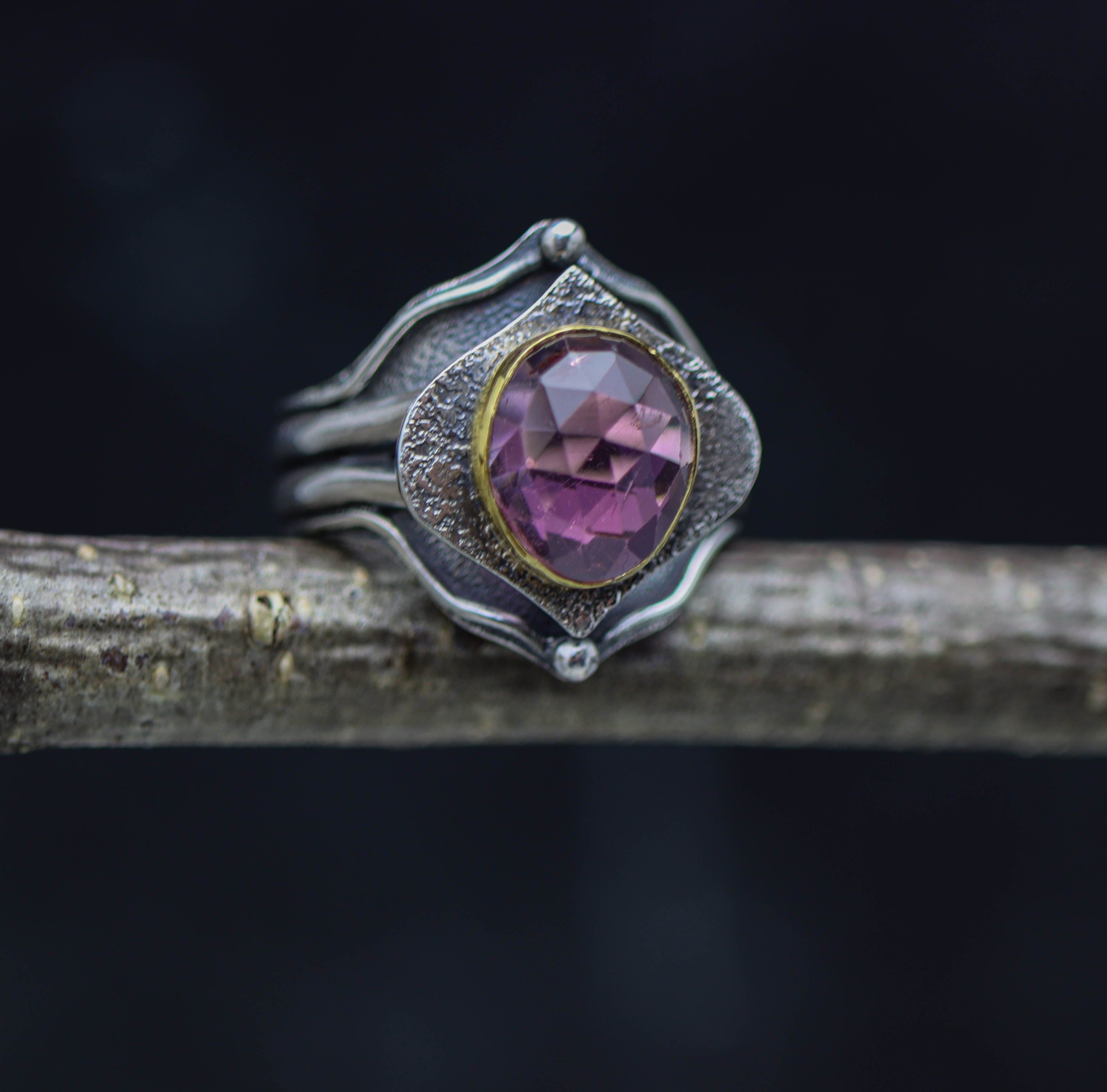 Pink Tourmaline Platform Ring Sterling Silver and 22k Gold size 9.5