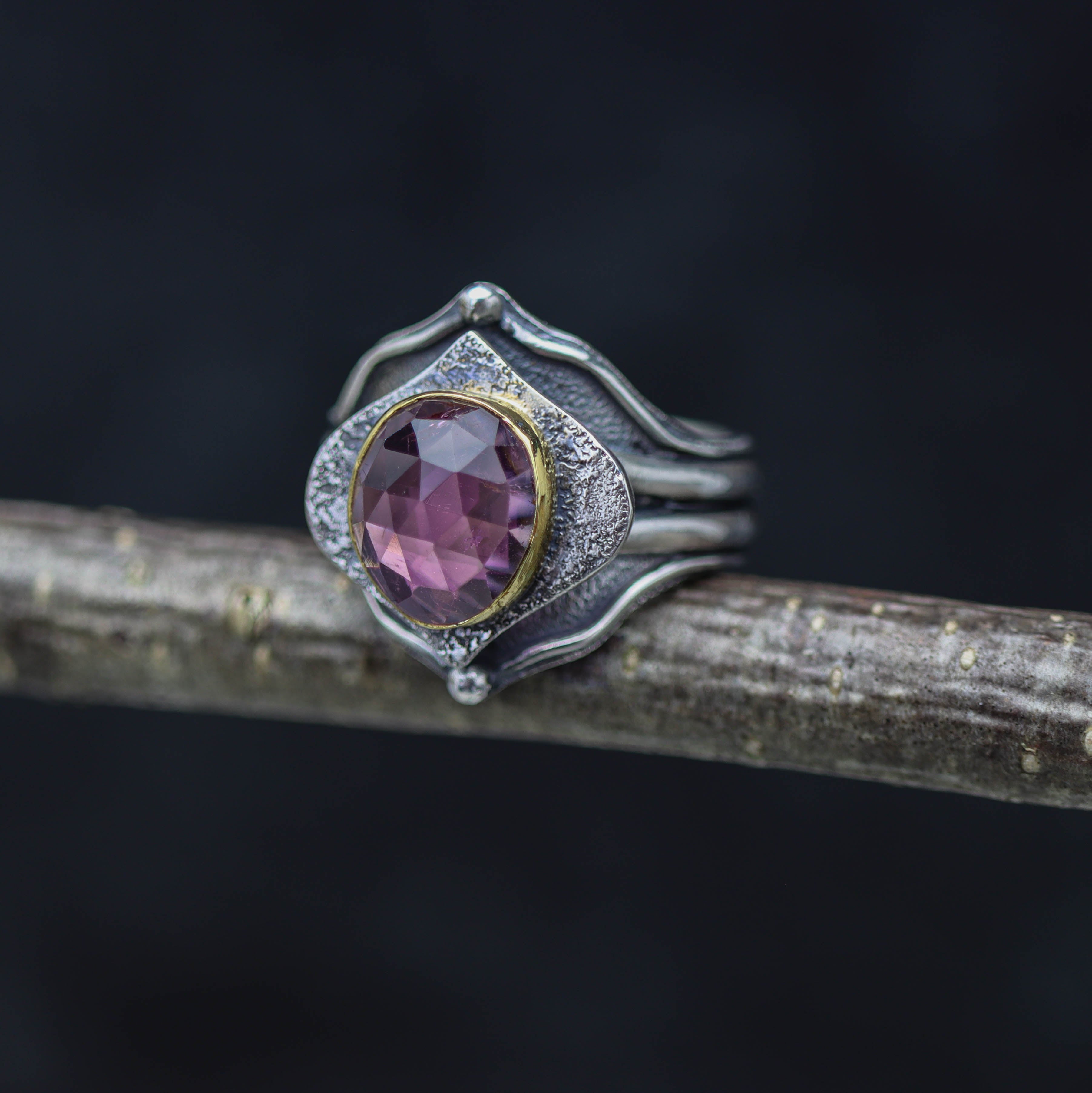 Pink Tourmaline Platform Ring Sterling Silver and 22k Gold size 9.5