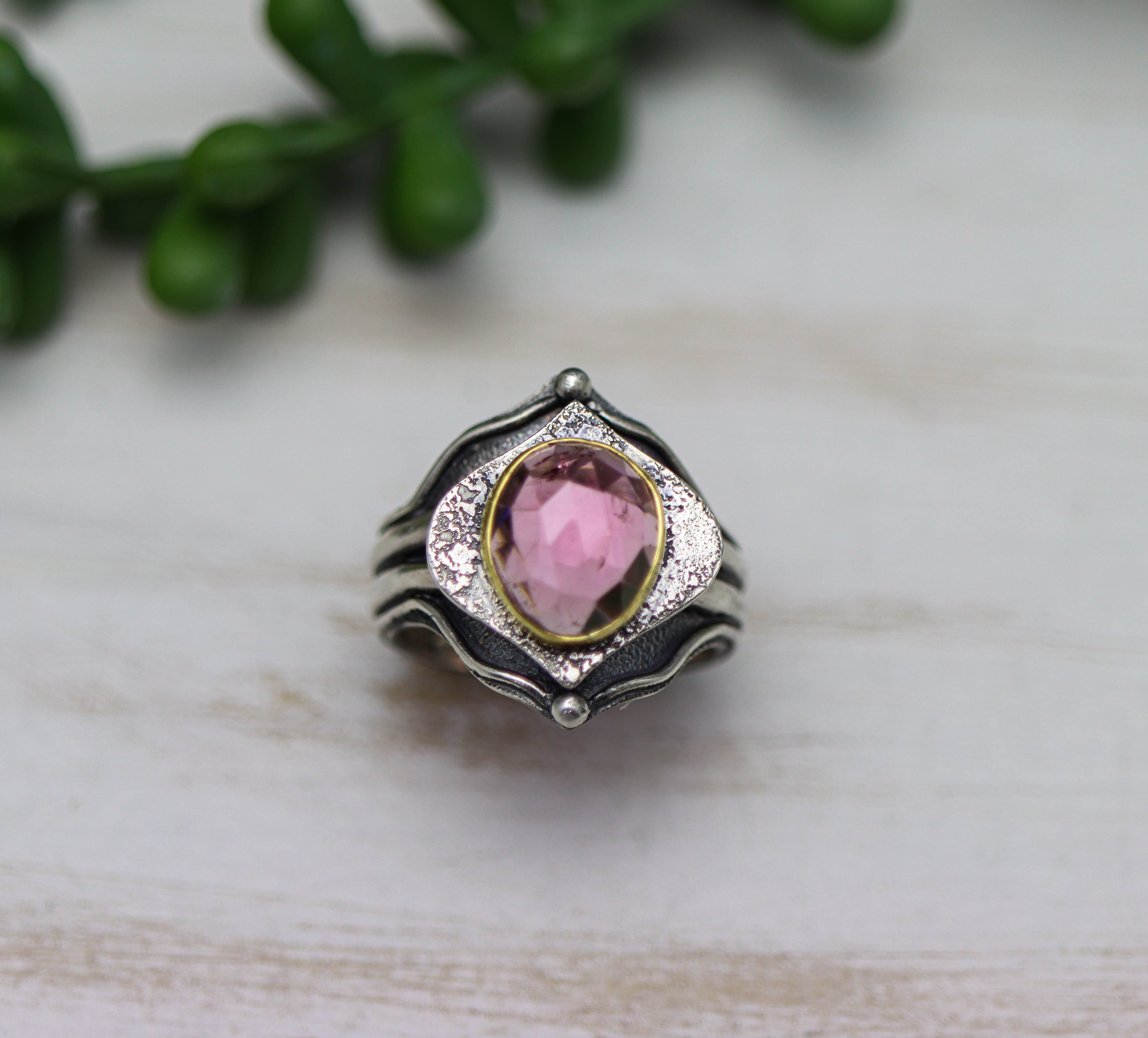 Pink Tourmaline Platform Ring Sterling Silver and 22k Gold size 9.5