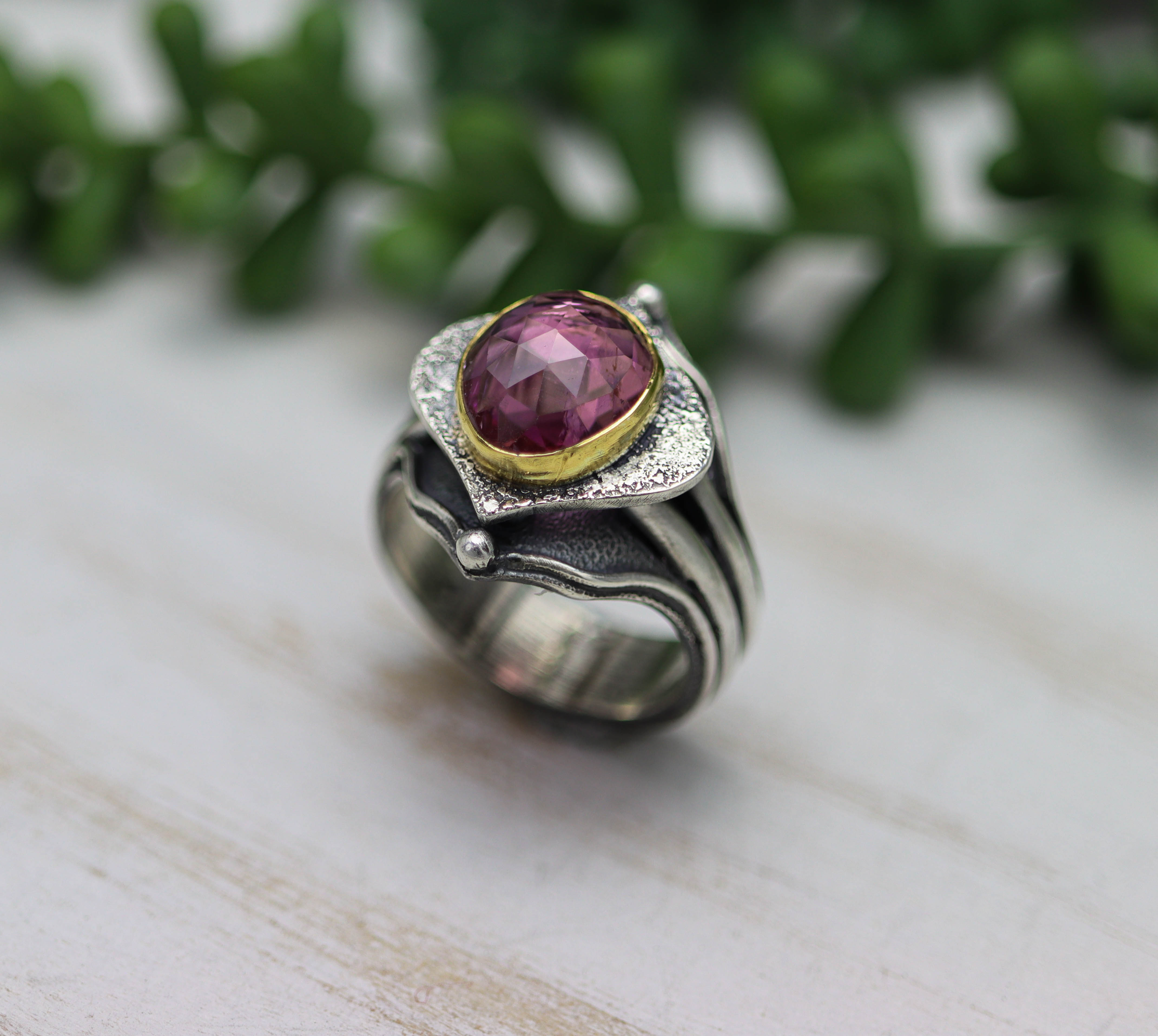 Pink Tourmaline Platform Ring Sterling Silver and 22k Gold size 9.5