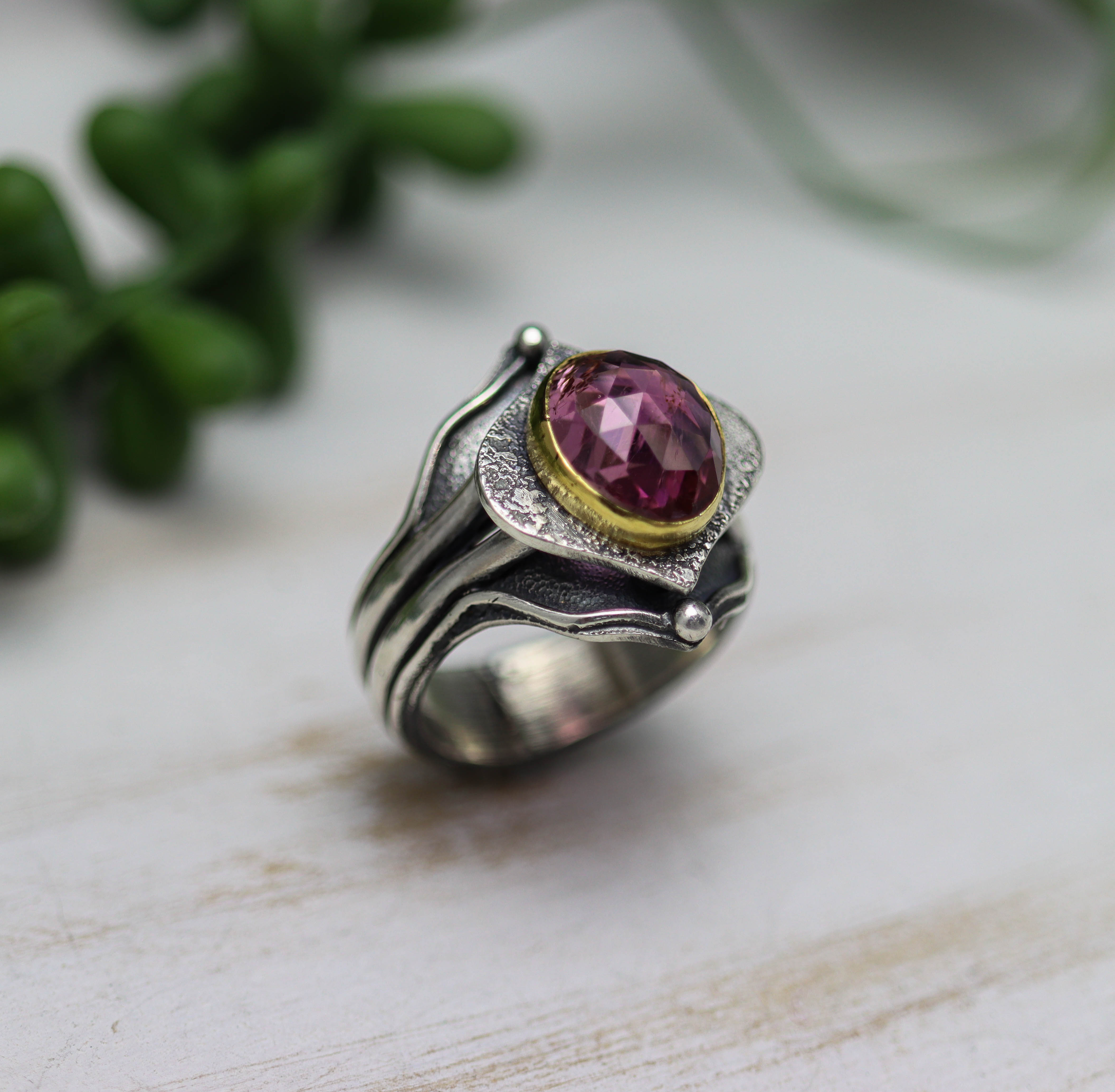 Pink Tourmaline Platform Ring Sterling Silver and 22k Gold size 9.5