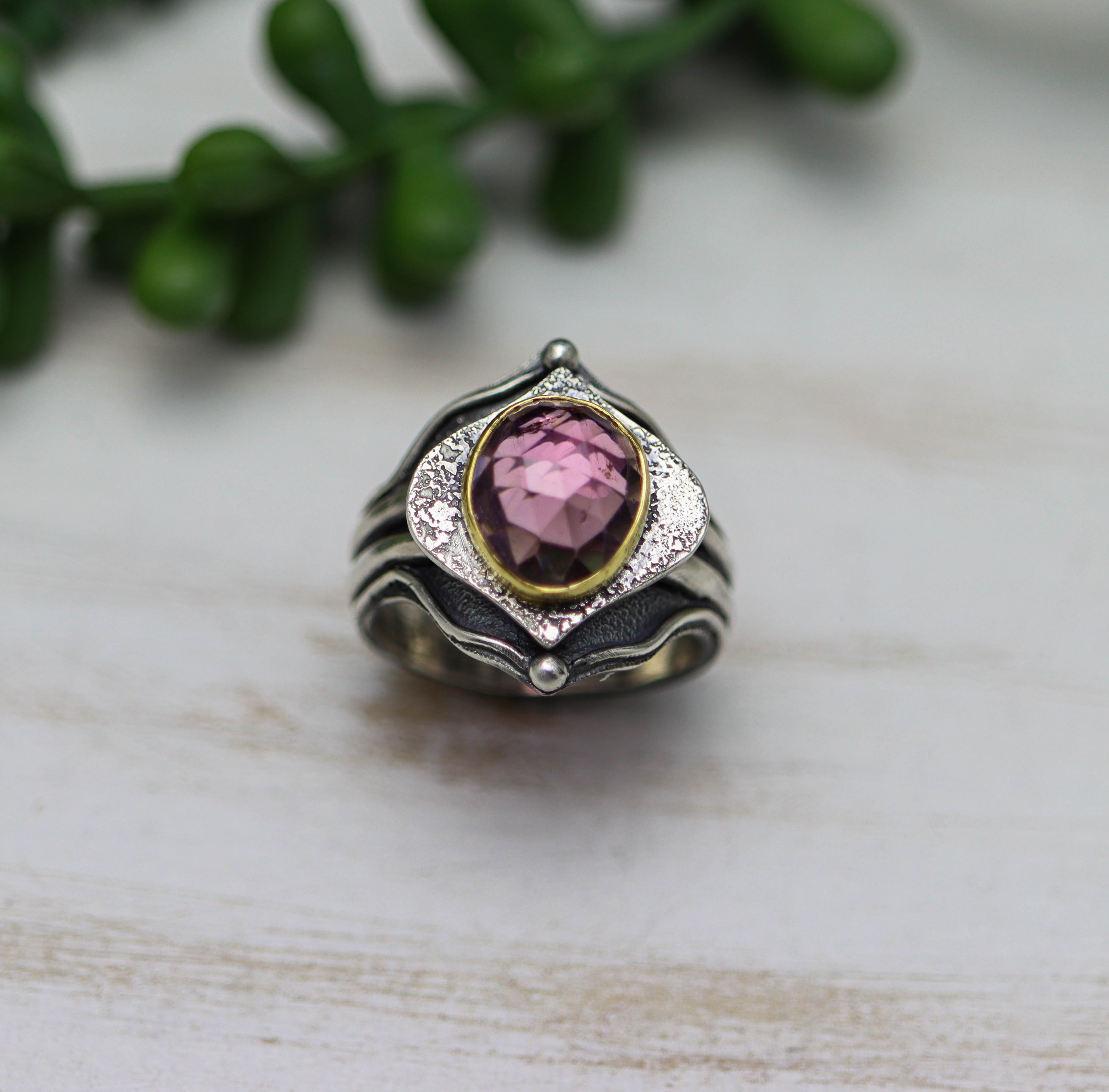 Pink Tourmaline Platform Ring Sterling Silver and 22k Gold size 9.5
