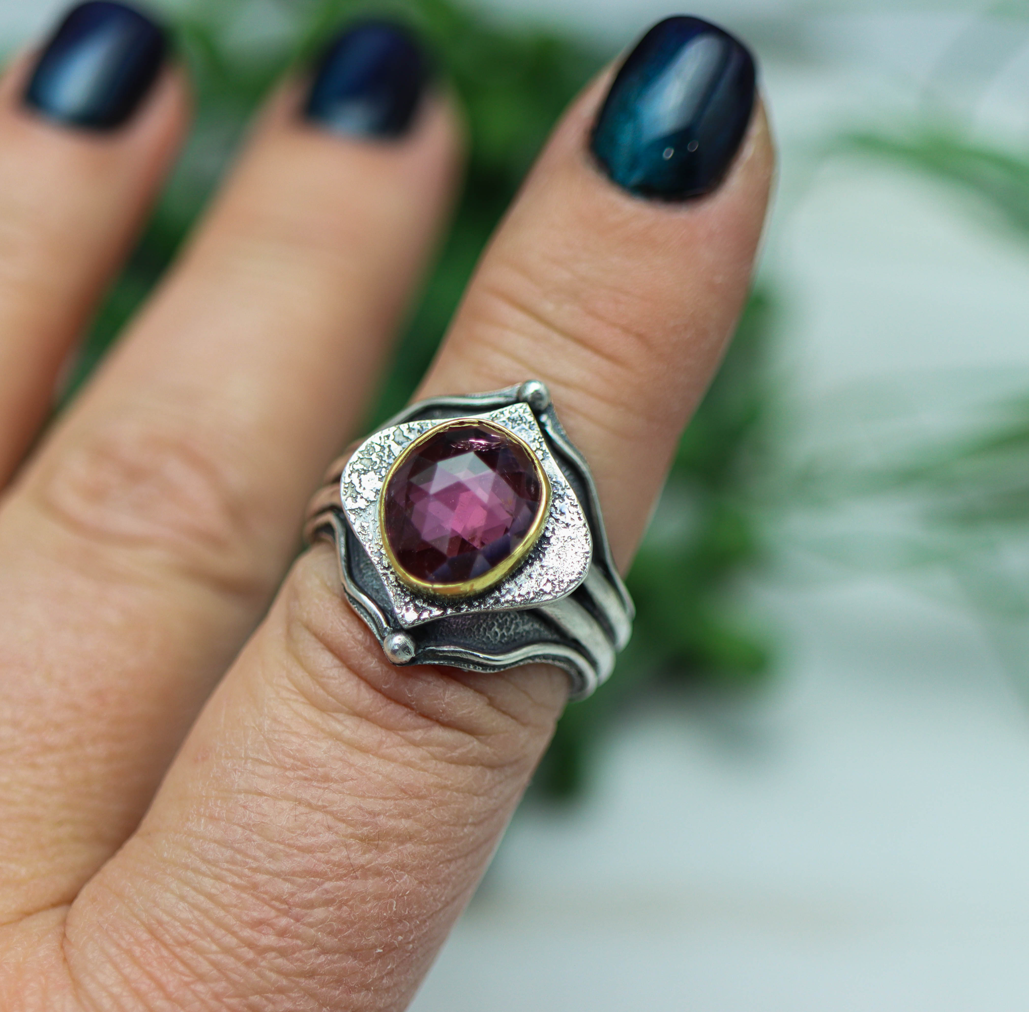 Pink Tourmaline Platform Ring Sterling Silver and 22k Gold size 9.5