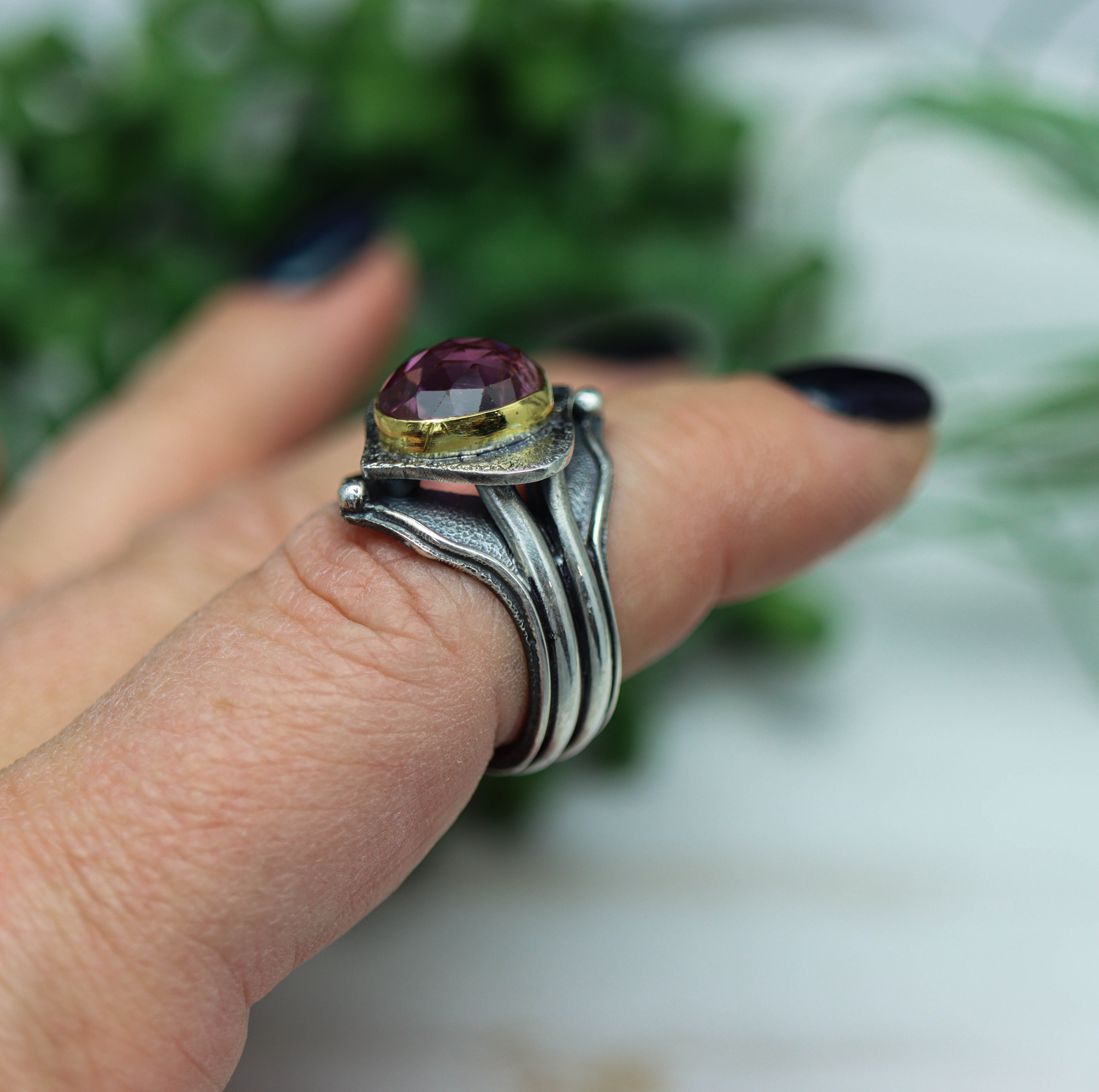 Pink Tourmaline Platform Ring Sterling Silver and 22k Gold size 9.5