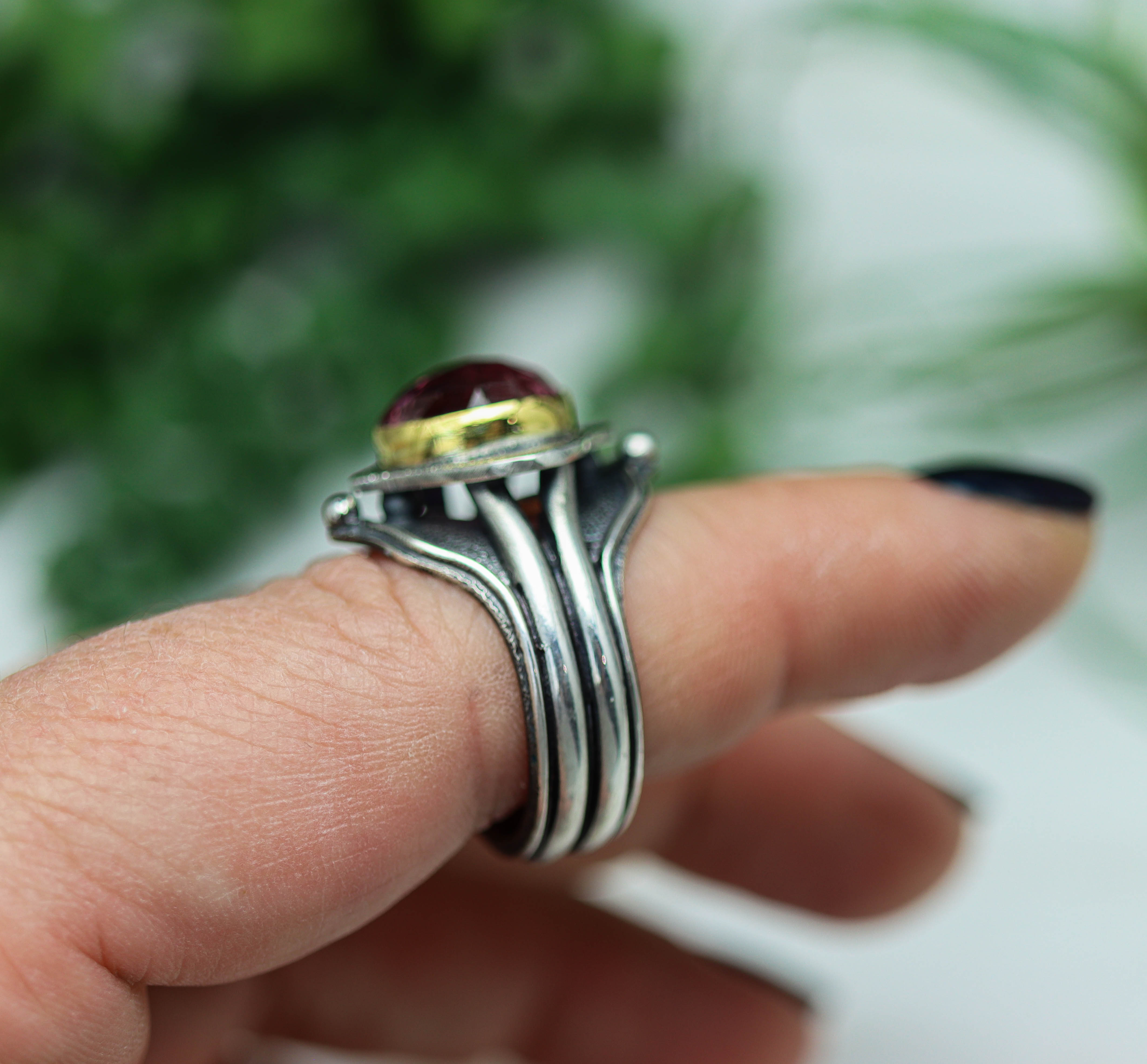 Pink Tourmaline Platform Ring Sterling Silver and 22k Gold size 9.5