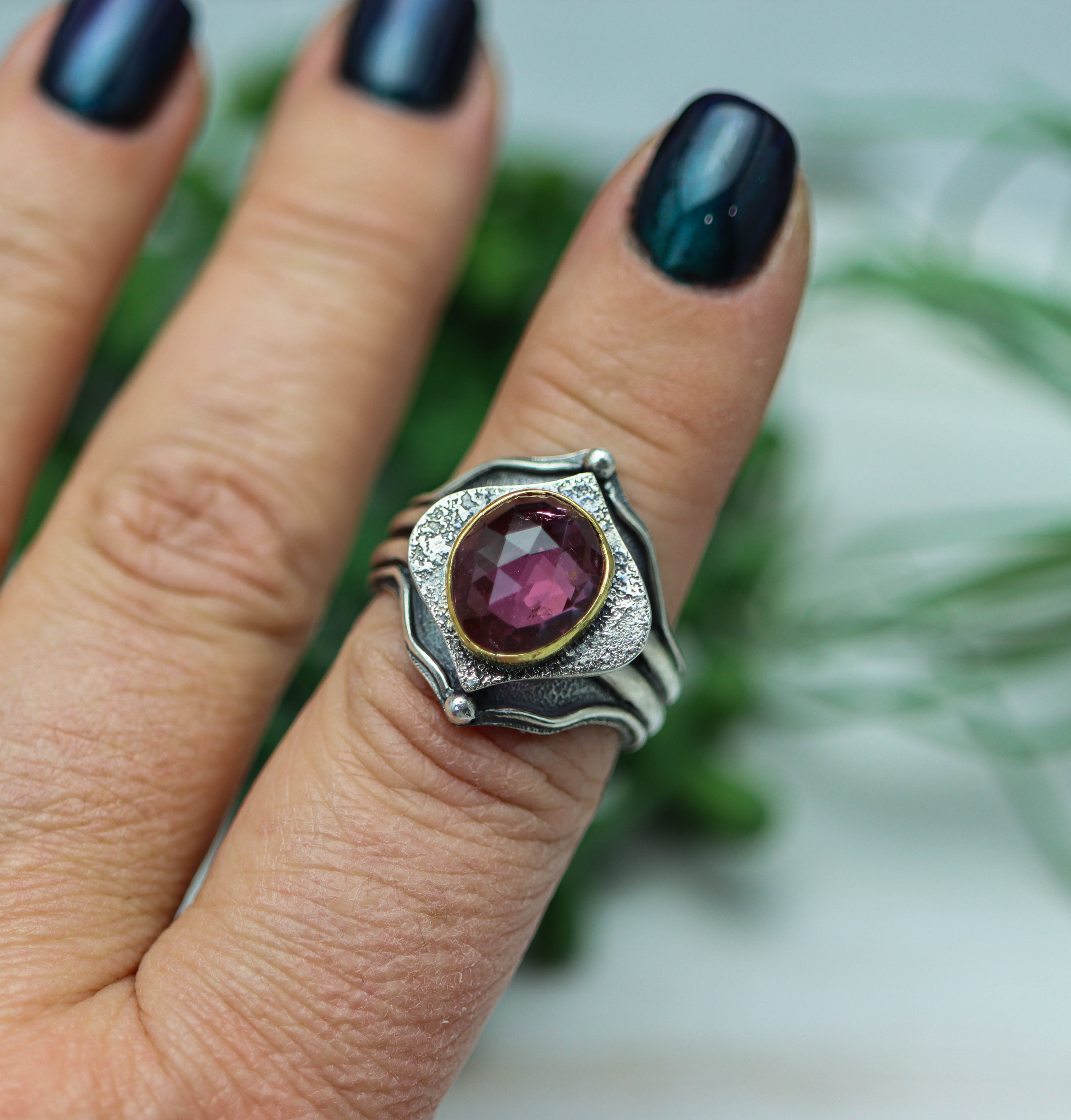 Pink Tourmaline Platform Ring Sterling Silver and 22k Gold size 9.5