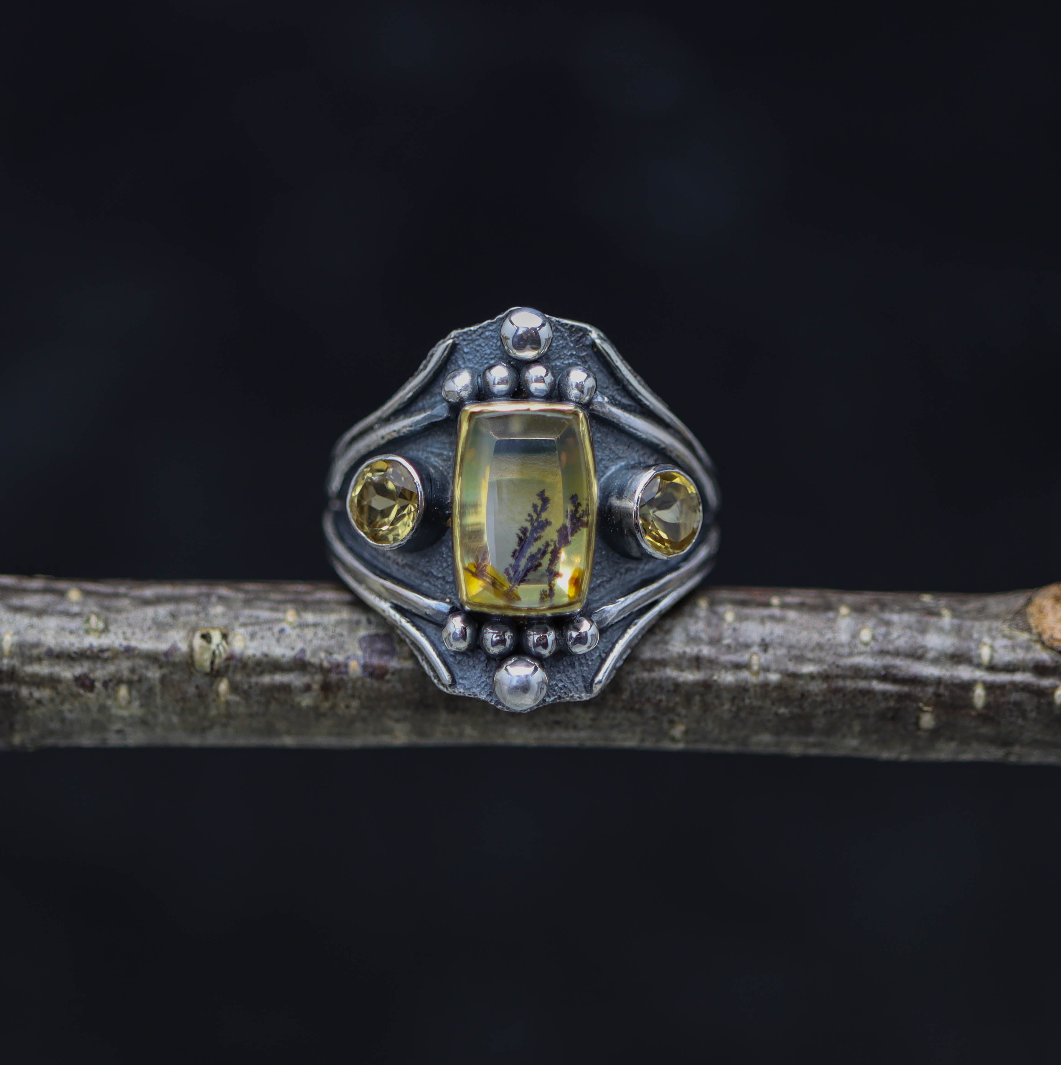 Dendritic Quartz and Citrine Layered Ring Sterling Silver and 22k Gold Size 10.5