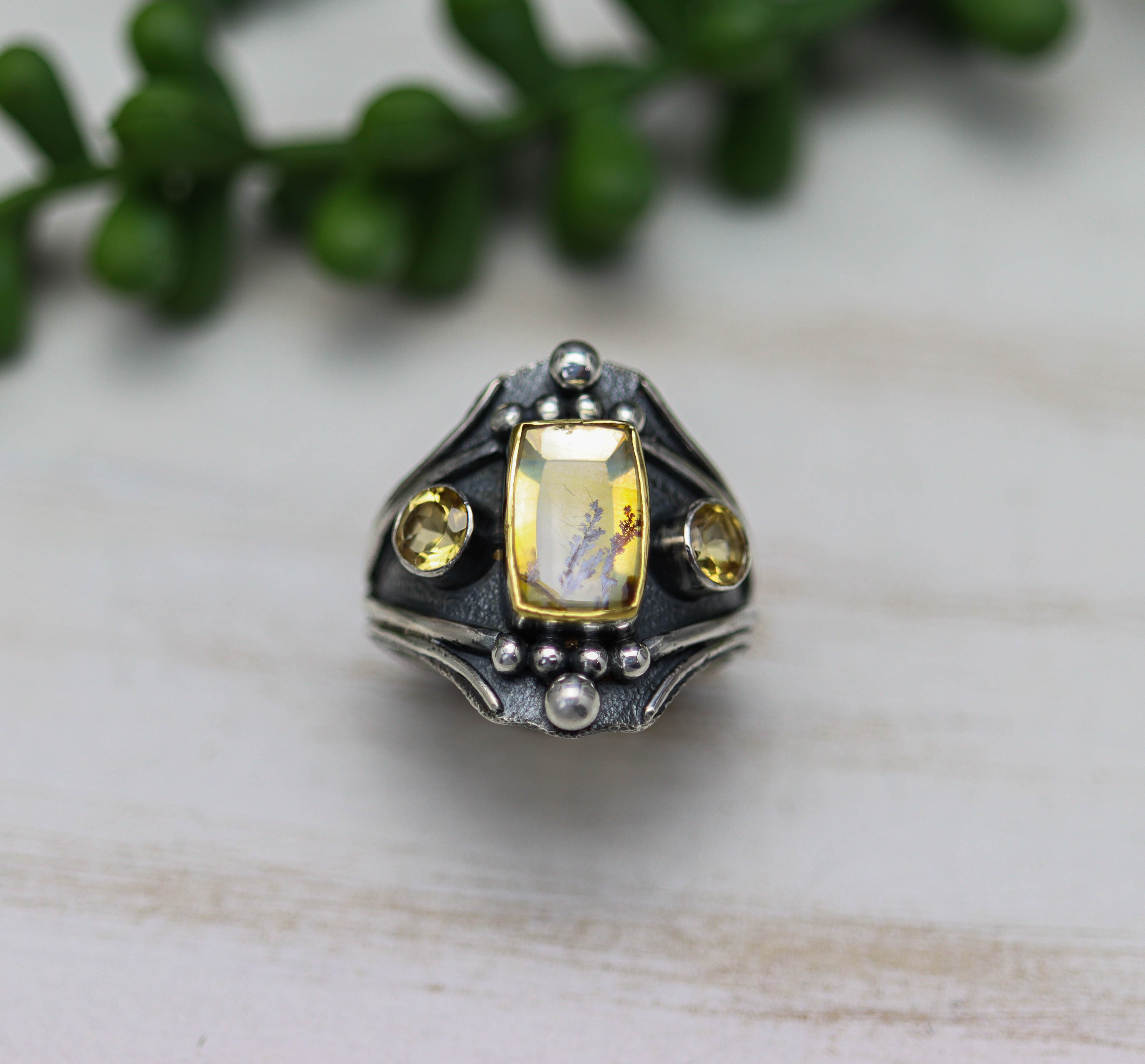 Dendritic Quartz and Citrine Layered Ring Sterling Silver and 22k Gold Size 10.5