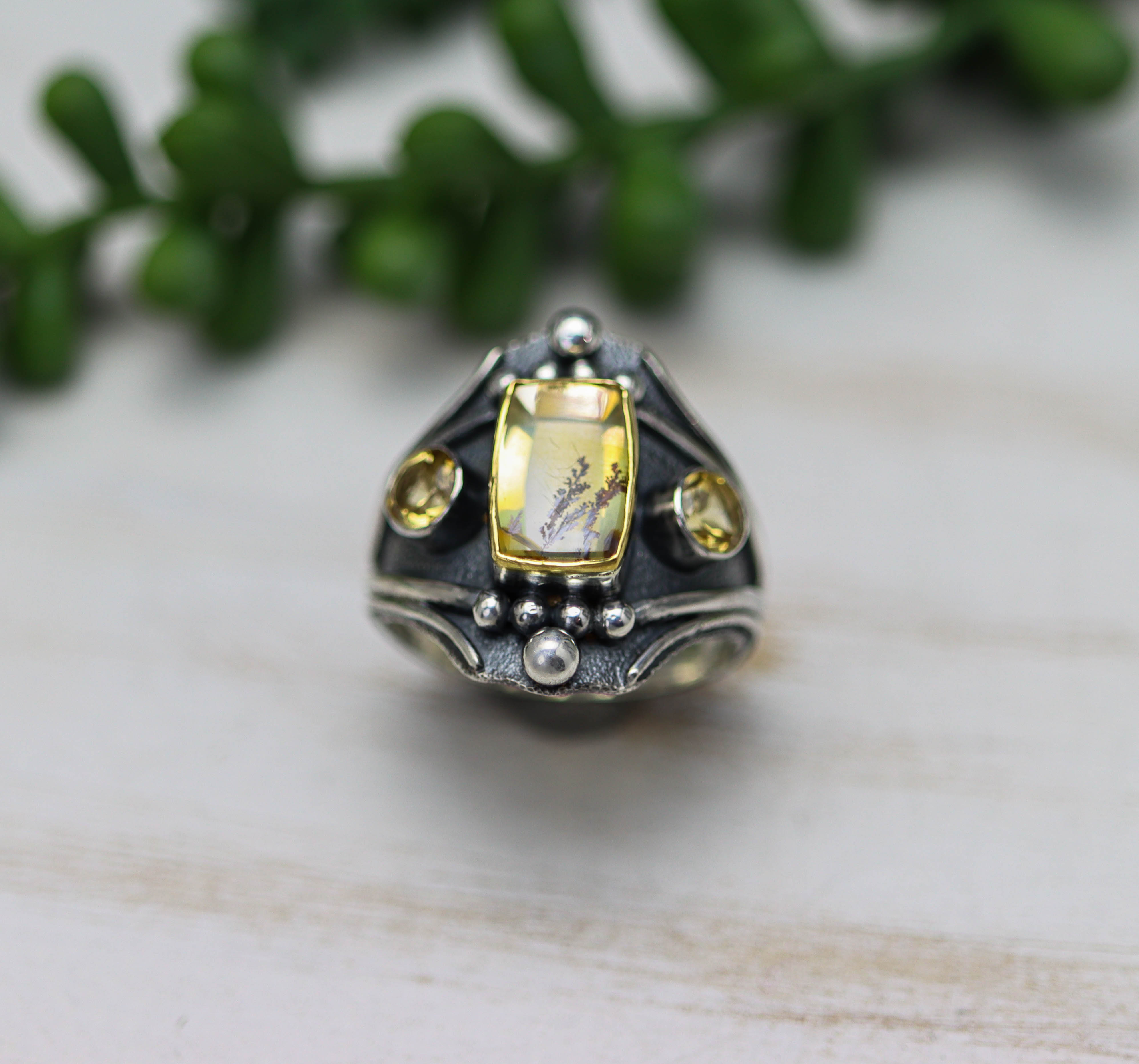 Dendritic Quartz and Citrine Layered Ring Sterling Silver and 22k Gold Size 10.5