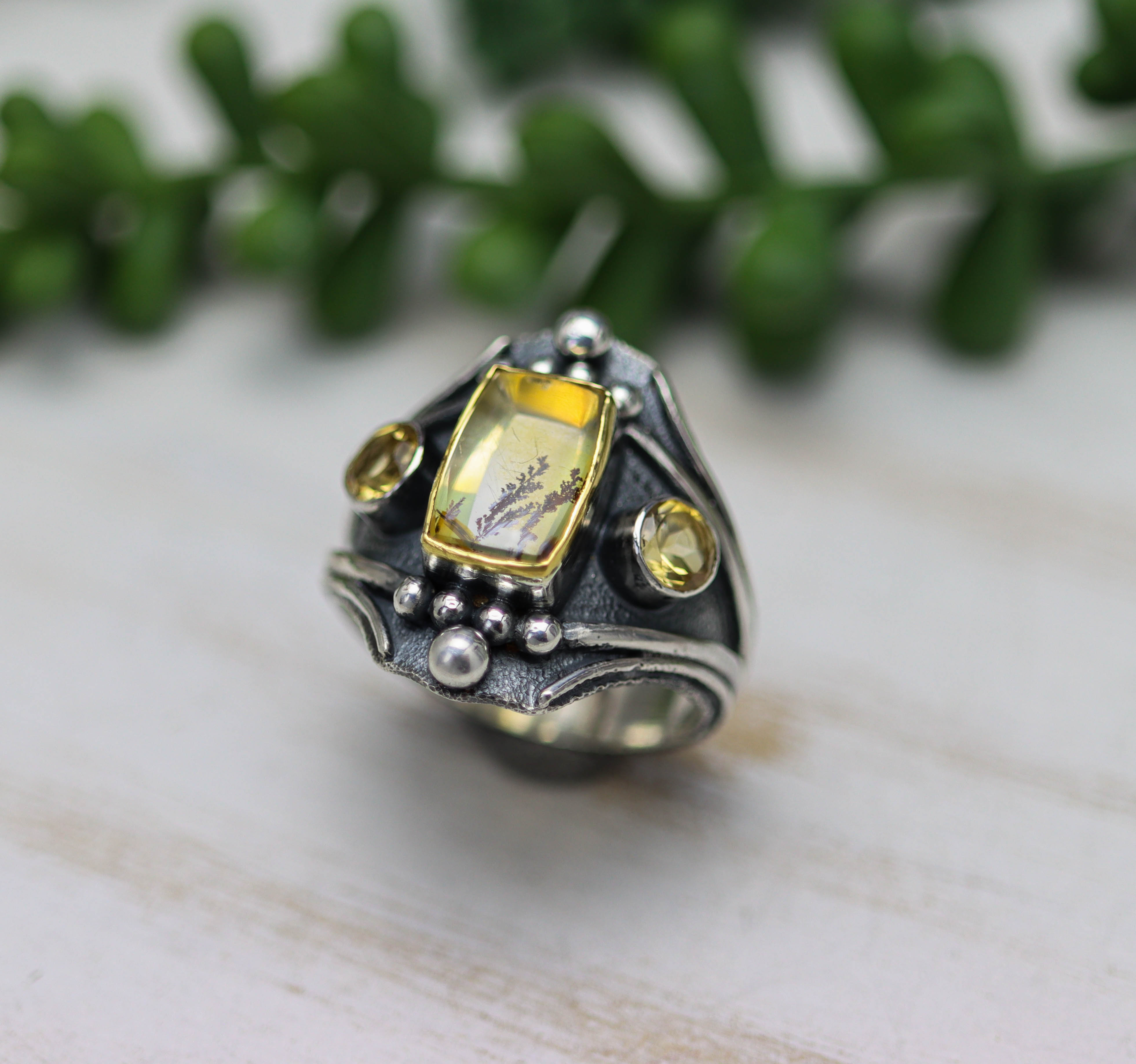 Dendritic Quartz and Citrine Layered Ring Sterling Silver and 22k Gold Size 10.5