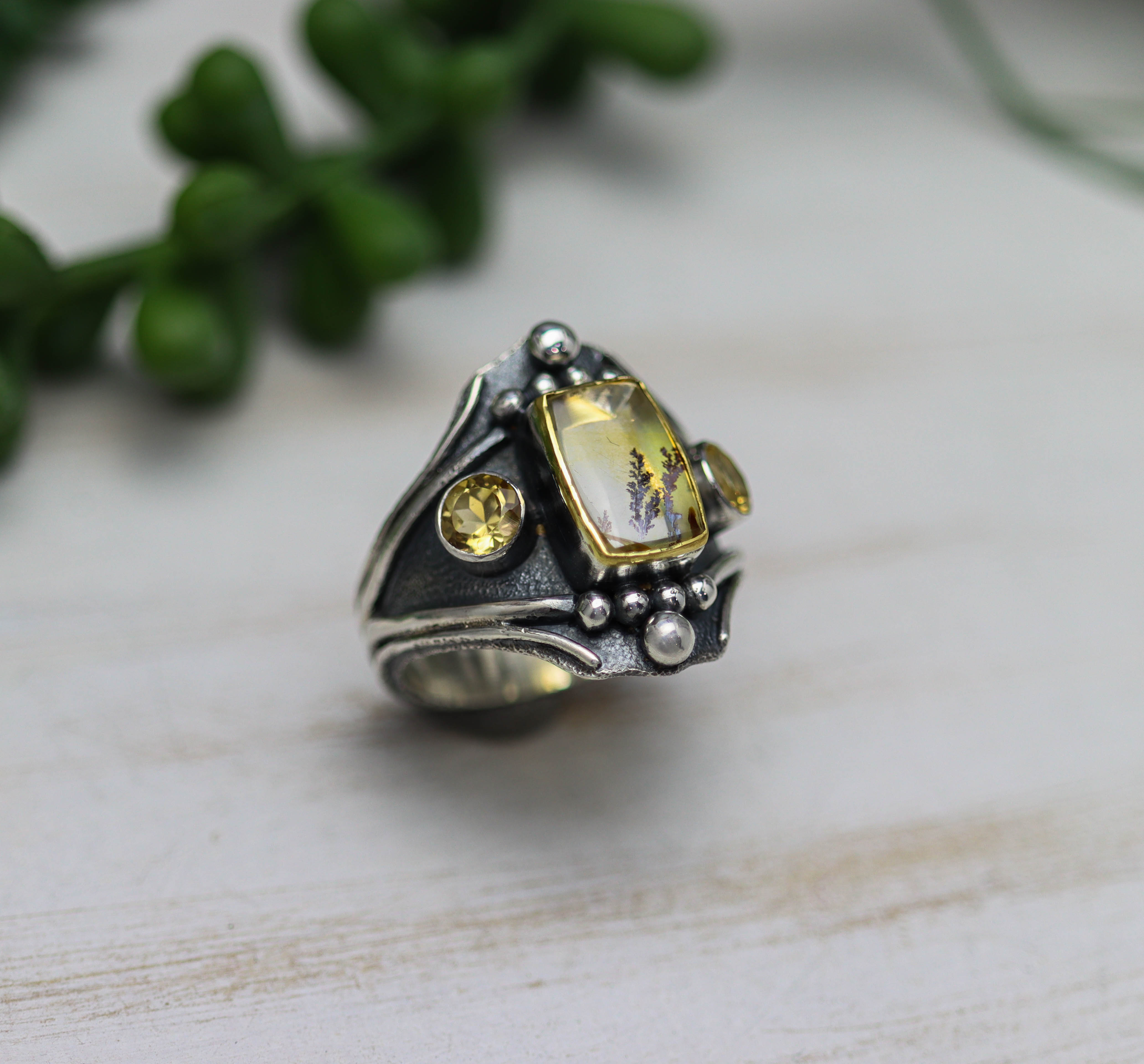 Dendritic Quartz and Citrine Layered Ring Sterling Silver and 22k Gold Size 10.5