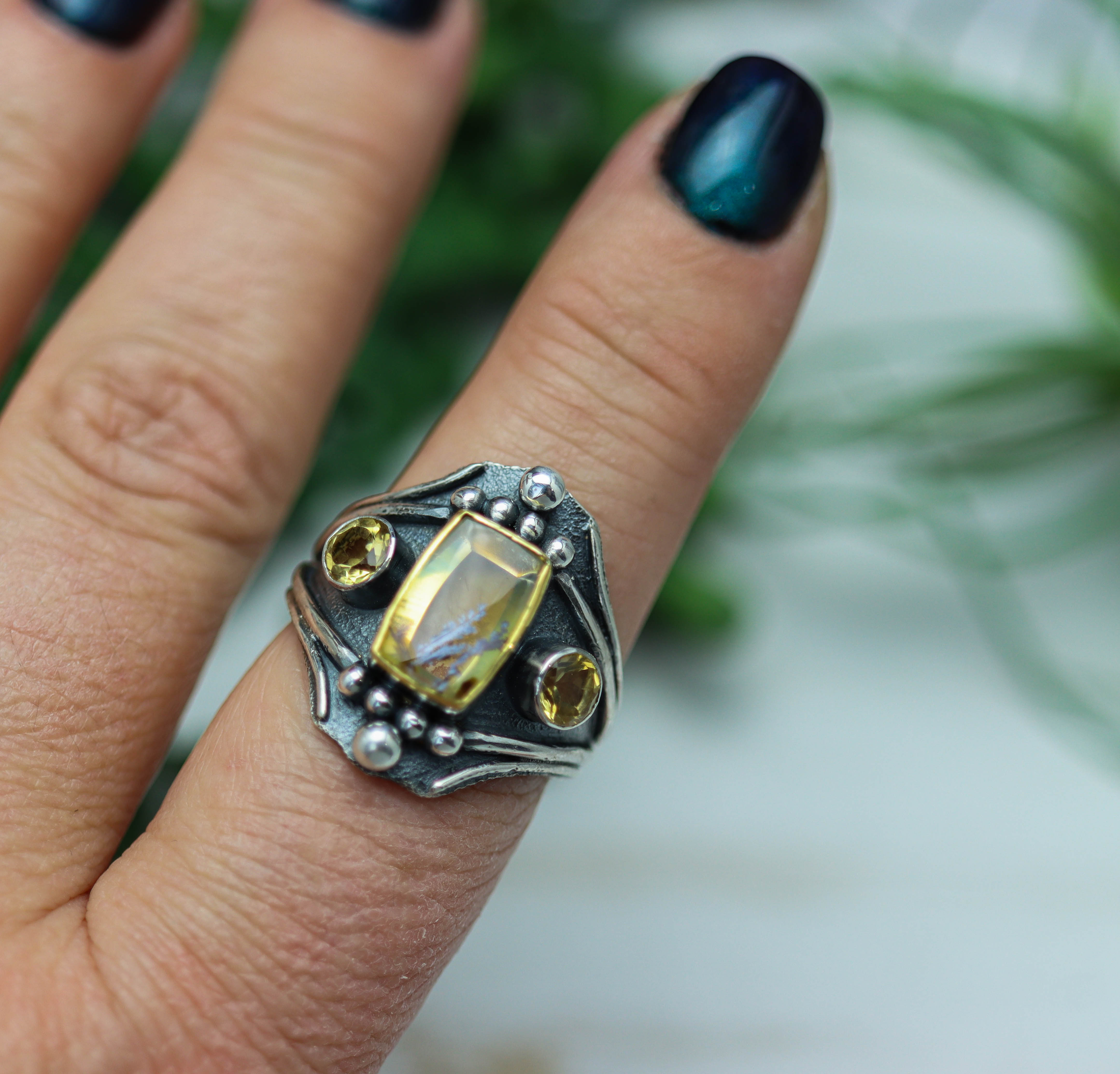 Dendritic Quartz and Citrine Layered Ring Sterling Silver and 22k Gold Size 10.5