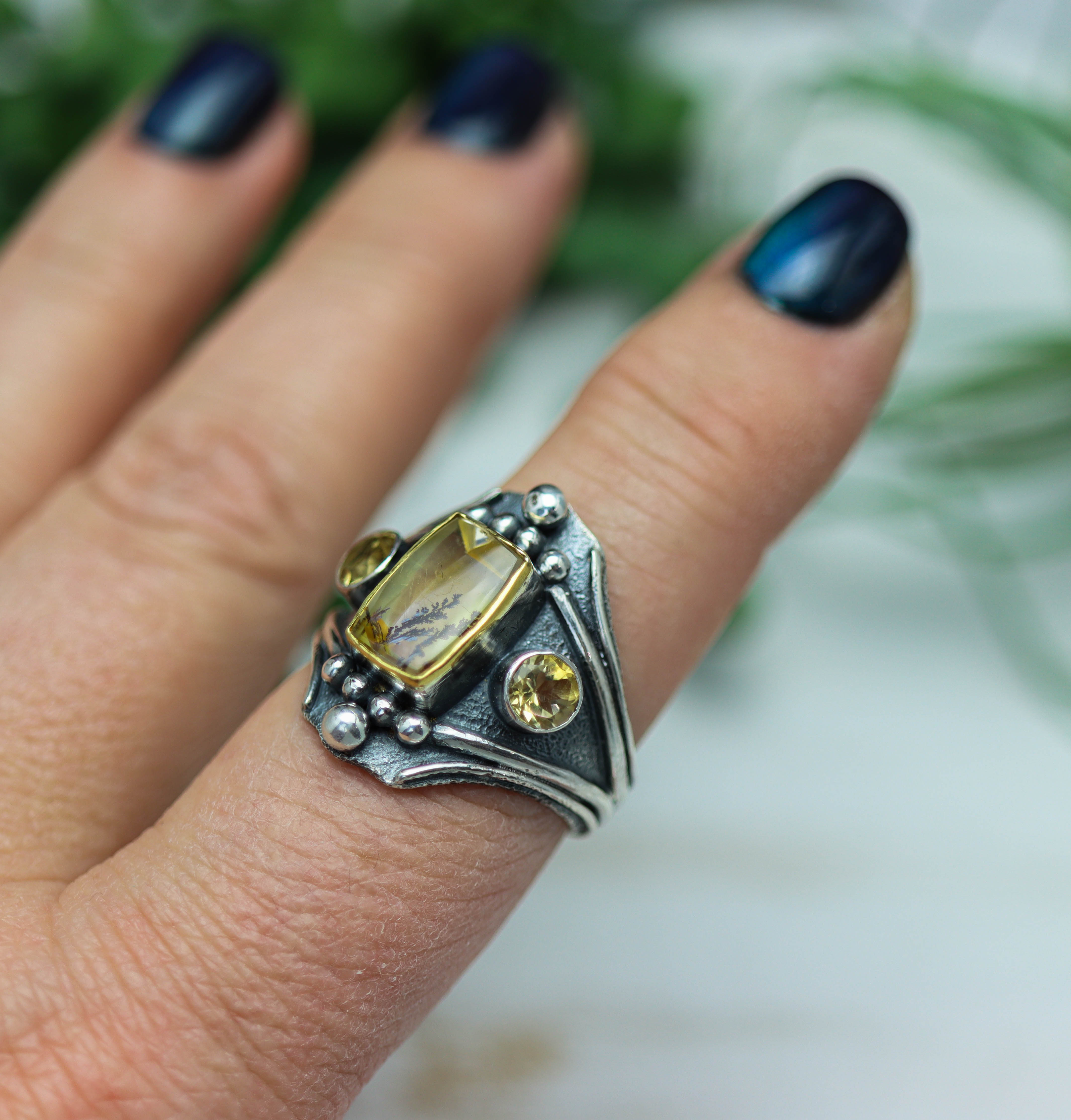 Dendritic Quartz and Citrine Layered Ring Sterling Silver and 22k Gold Size 10.5