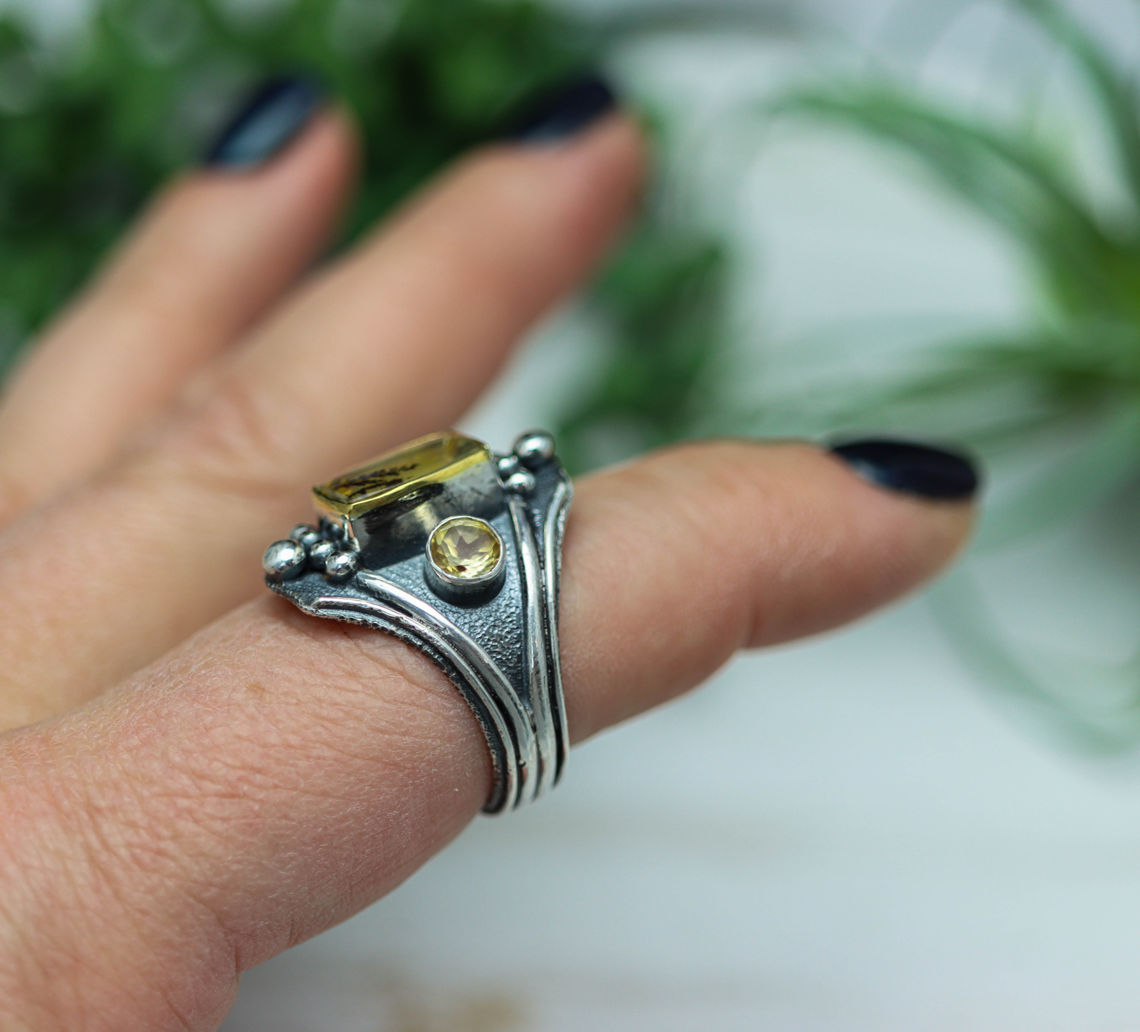 Dendritic Quartz and Citrine Layered Ring Sterling Silver and 22k Gold Size 10.5