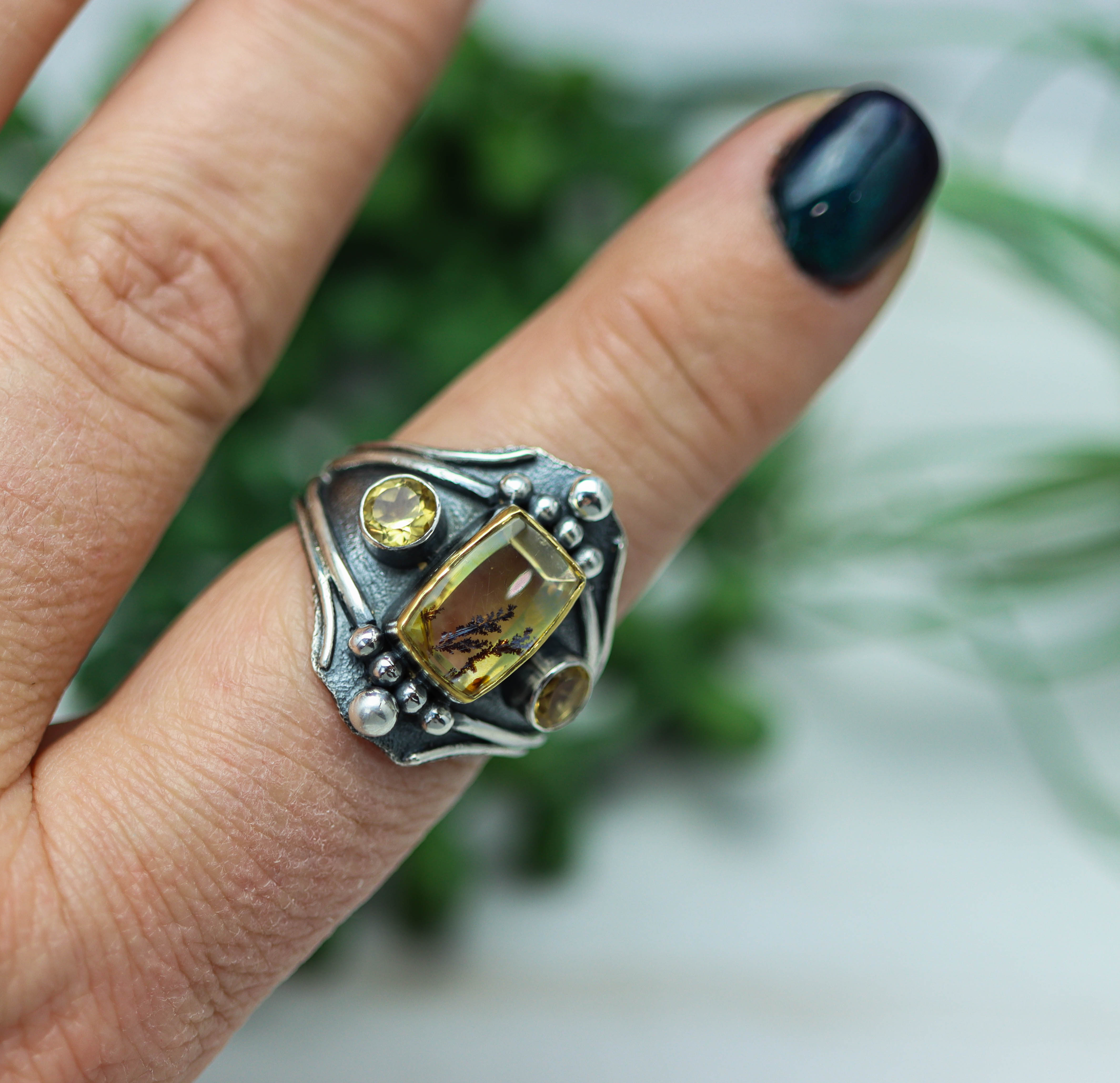 Dendritic Quartz and Citrine Layered Ring Sterling Silver and 22k Gold Size 10.5