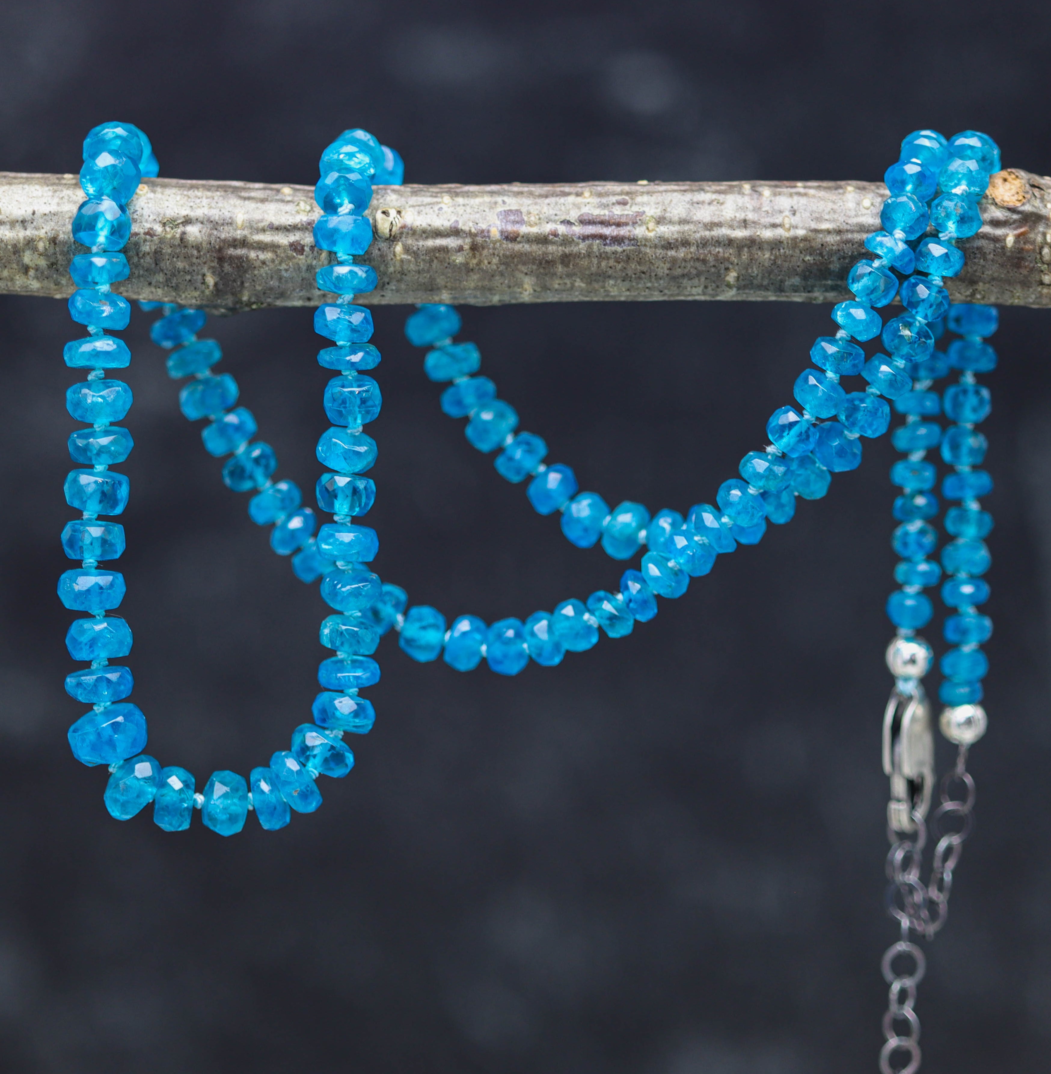 A hand knotted neon blue apatite bead necklace with sterling silver clasp, displayed on a wooden branch against a dark background.