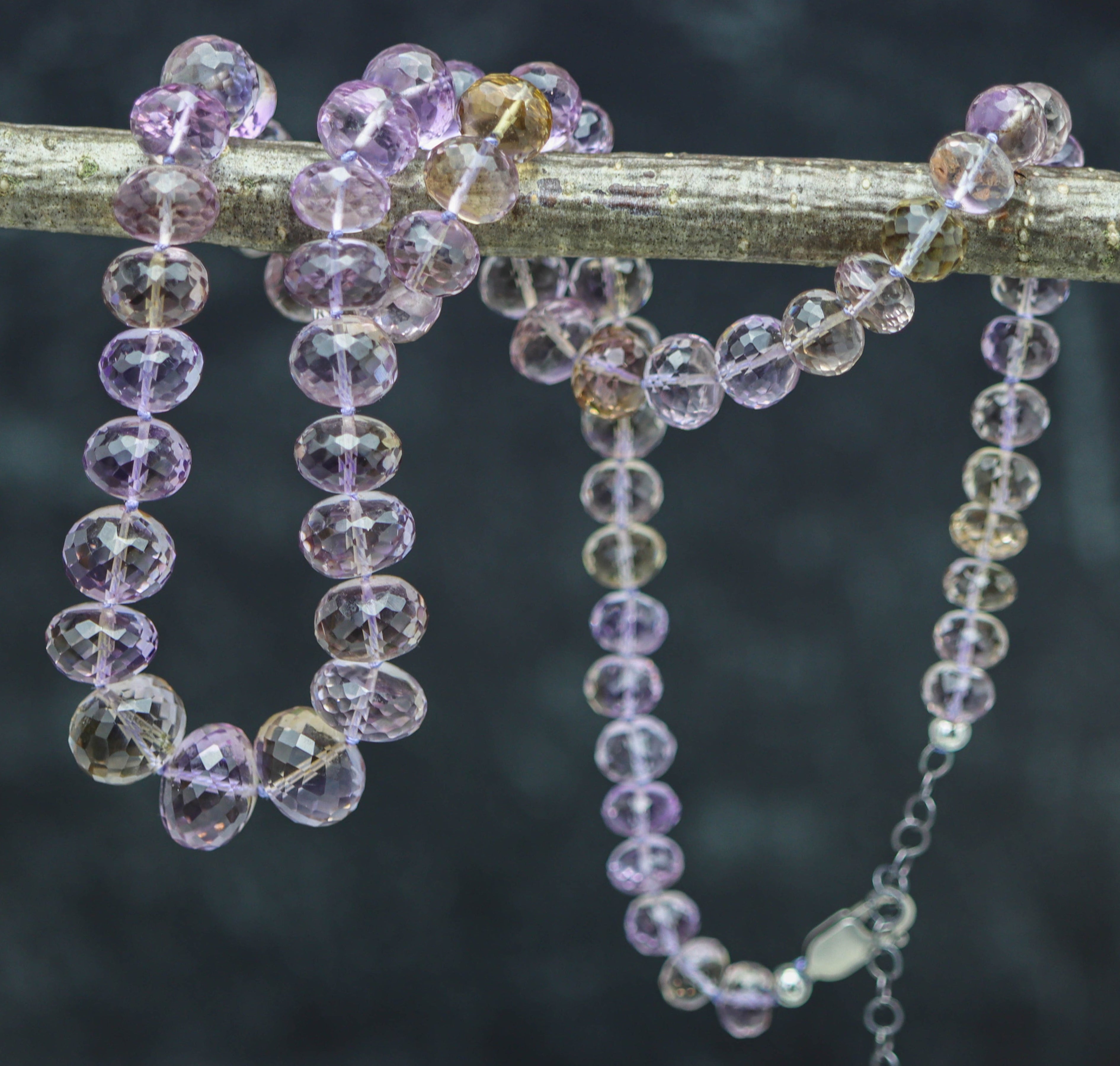Stunning Ametrine Hand Knotted Bead Necklace Sterling Silver
