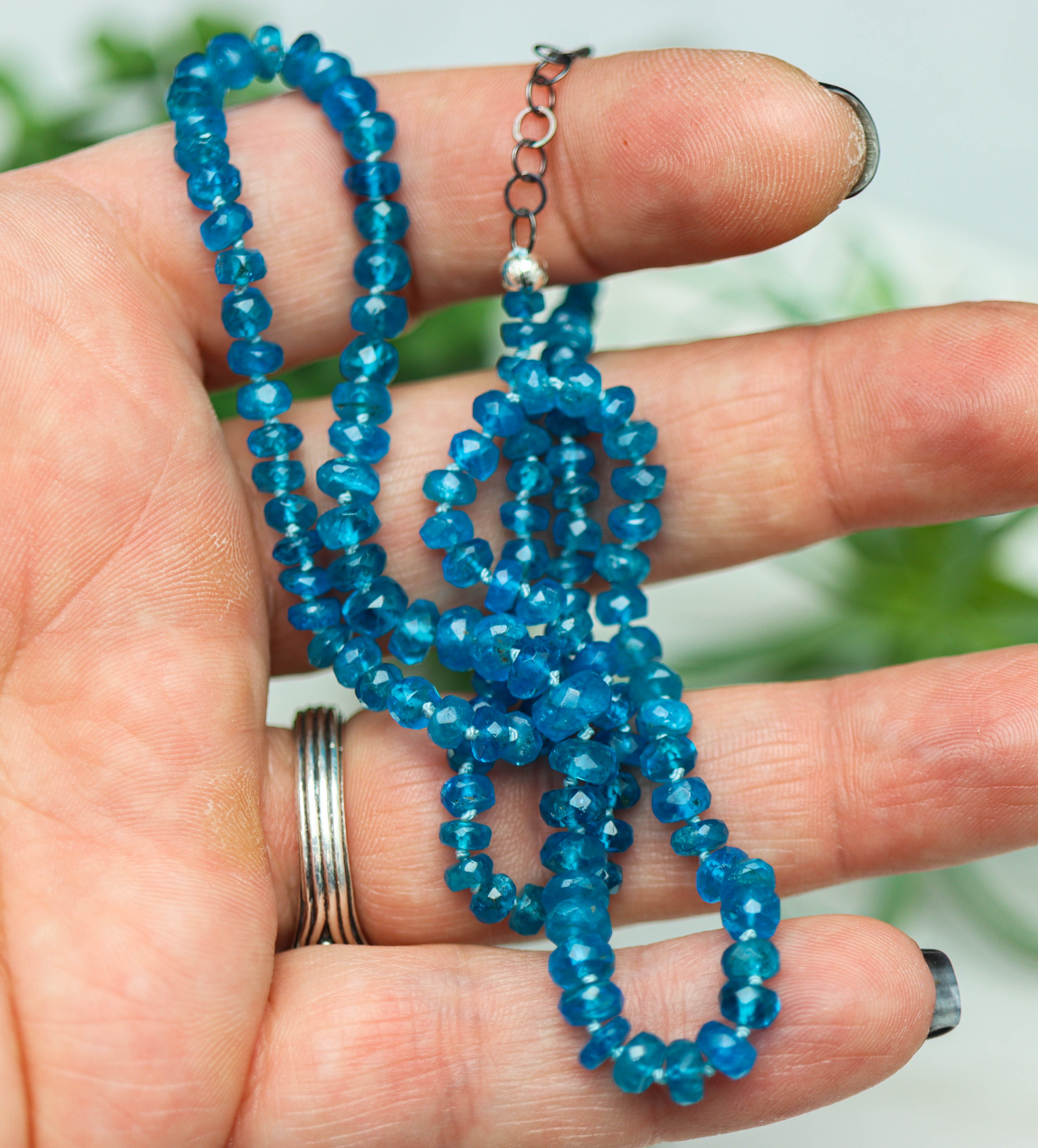 Neon Blue Apatite Hand Knotted Bead Necklace Sterling Silver