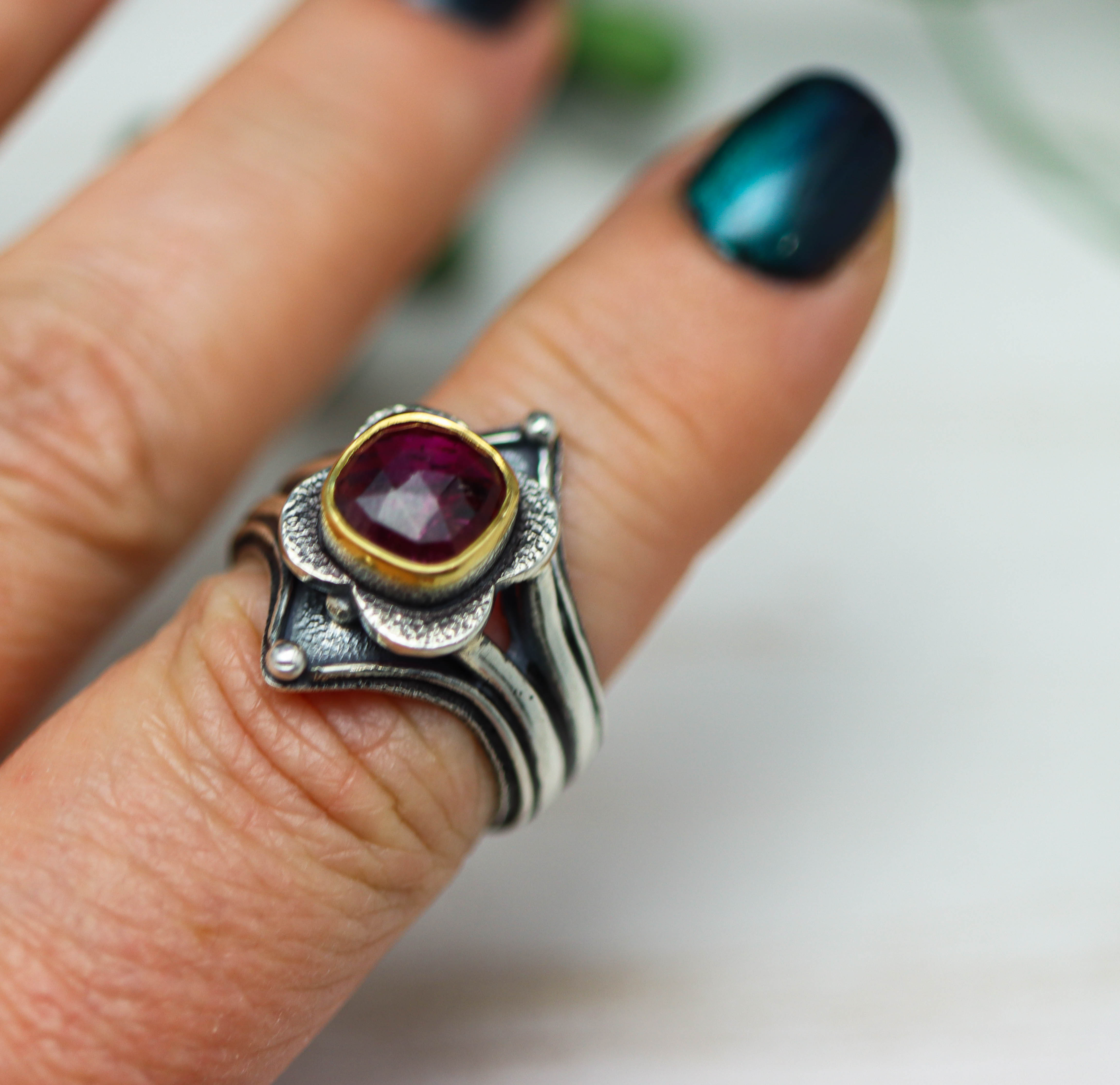 Pink Tourmaline Platform Ring Sterling Silver and 22k Gold Size 9.25
