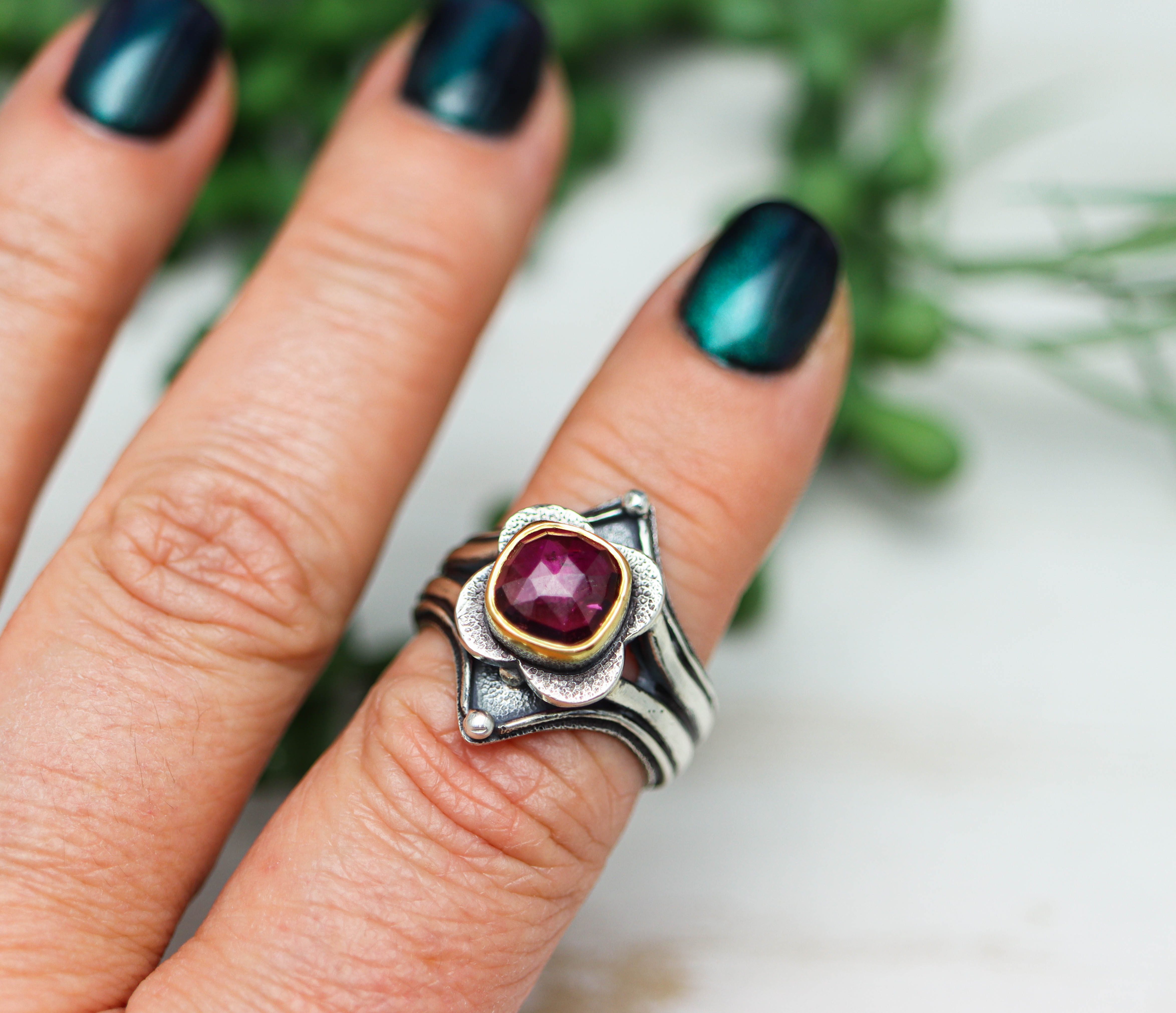 Pink Tourmaline Platform Ring Sterling Silver and 22k Gold Size 9.25