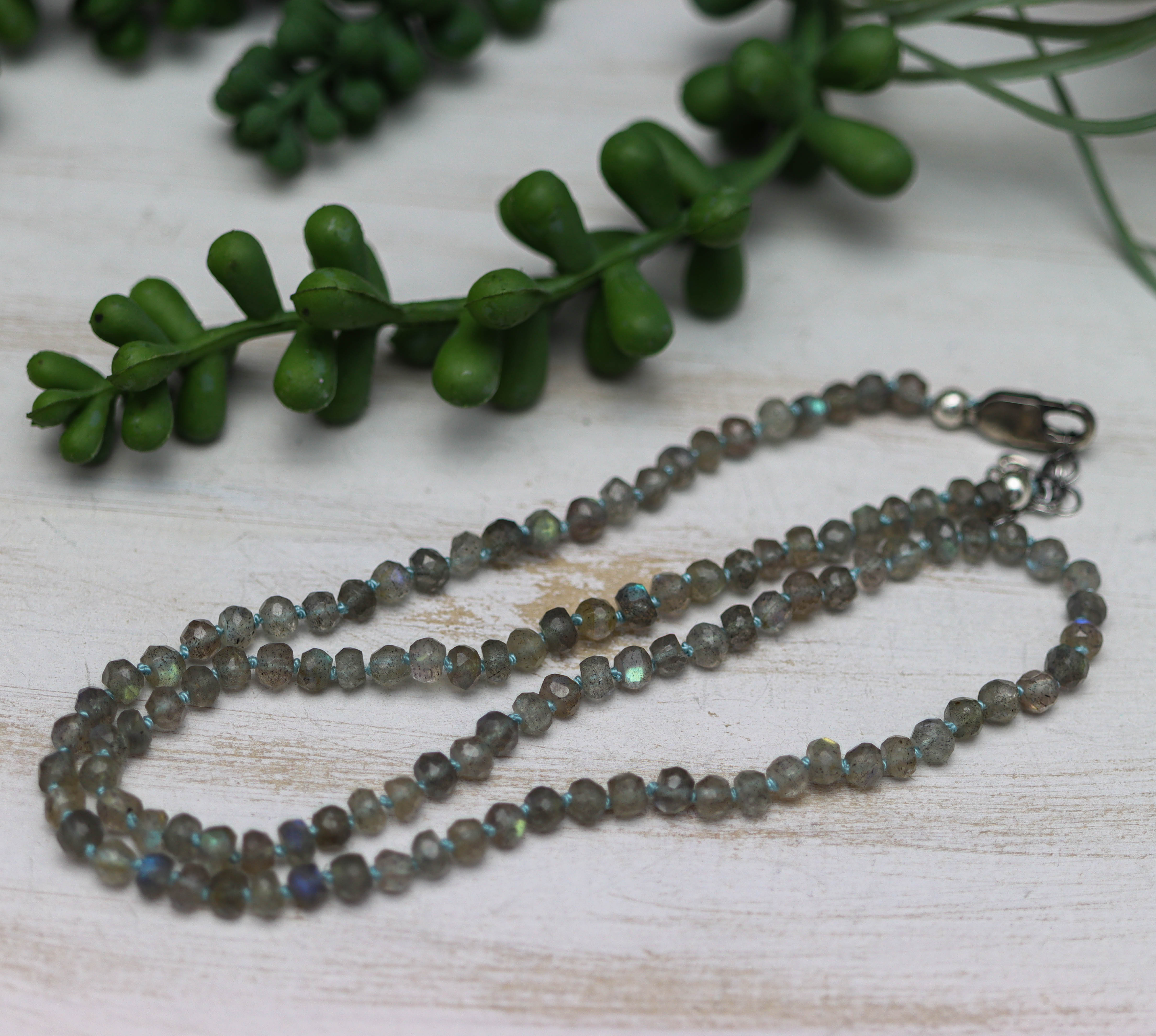 Sparkly Labradorite Hand Knotted Bead Necklace Sterling Silver 18 Inch