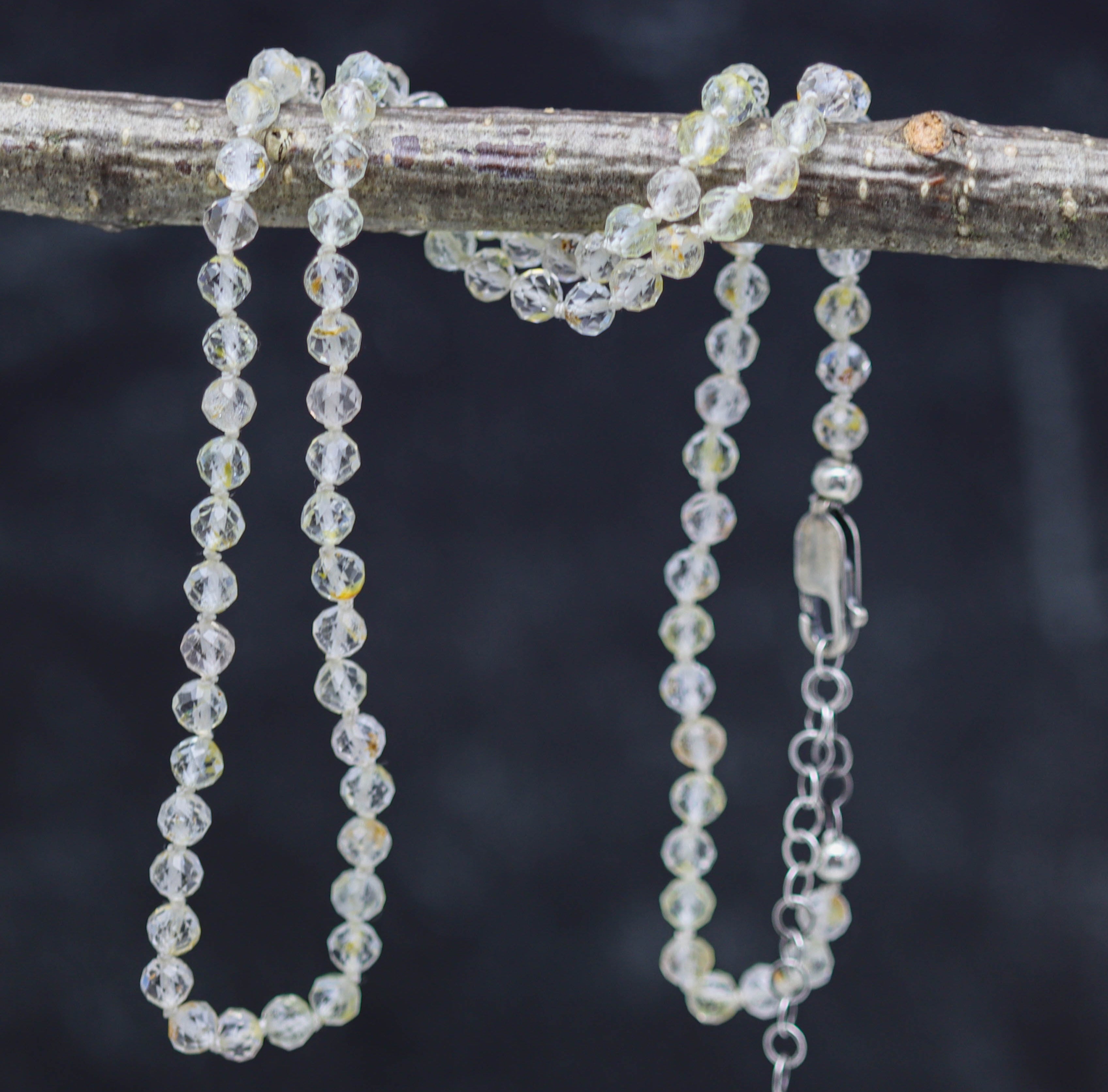 Beaded necklace on a branch with a dark background